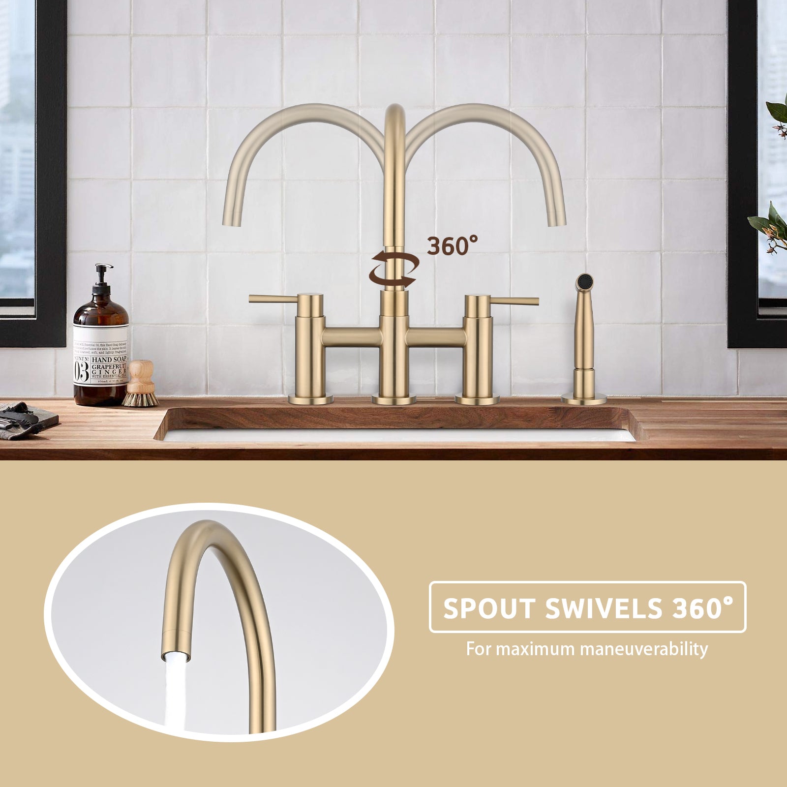 Double Handle Bridge Kitchen Faucet with Side Spray brushed gold-stainless steel