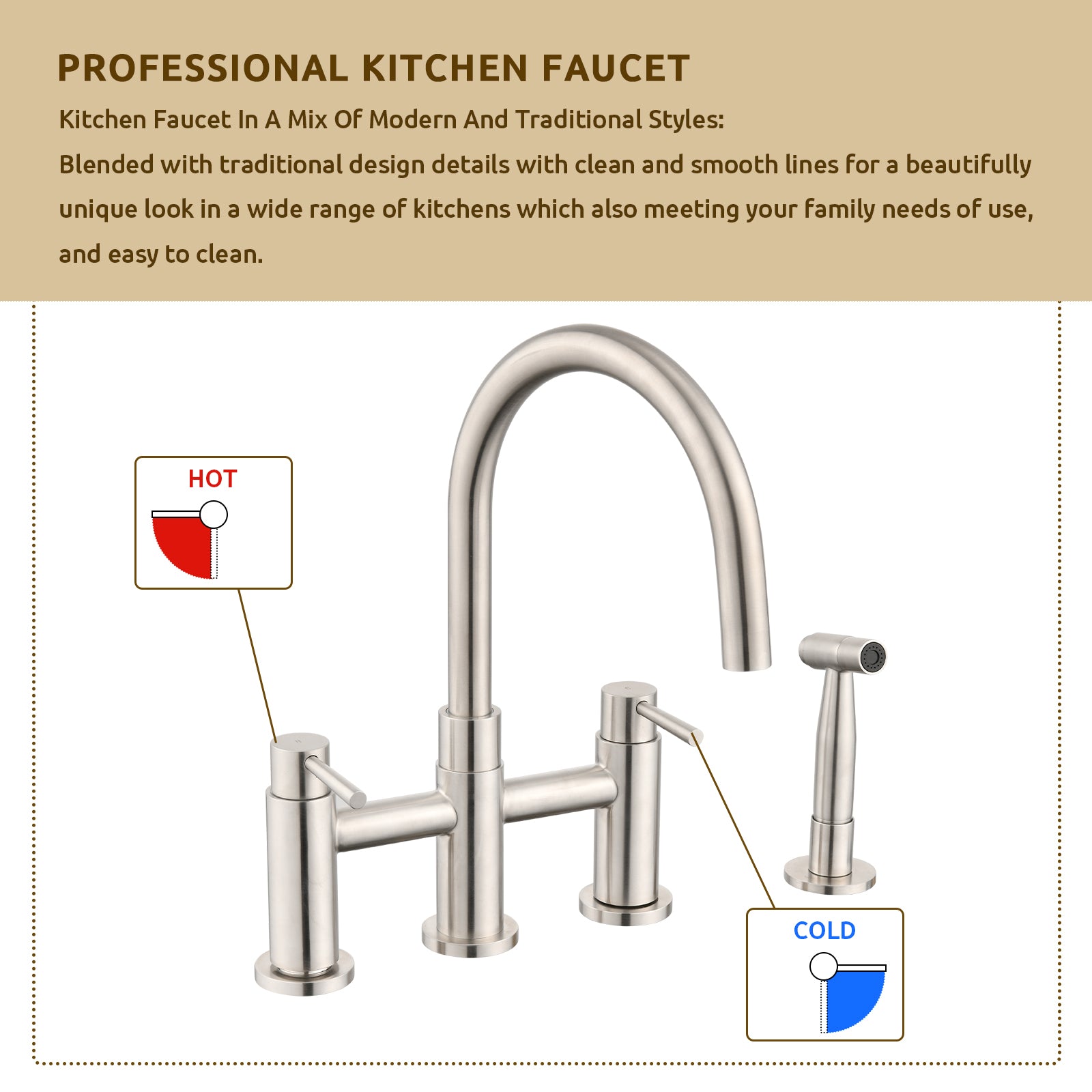 Double Handle Bridge Kitchen Faucet with Side Spray brushed nickel-stainless steel