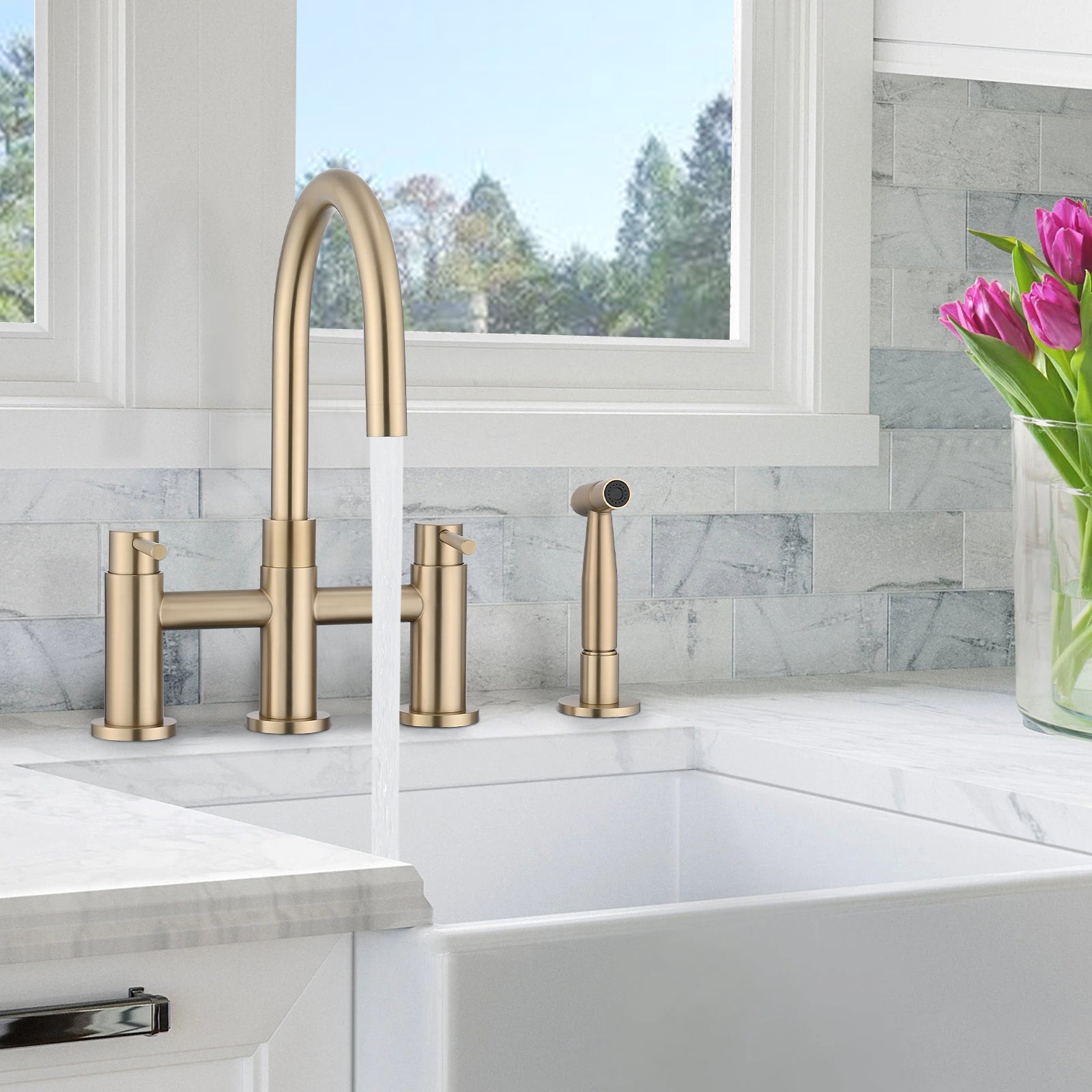 Double Handle Bridge Kitchen Faucet with Side Spray brushed gold-stainless steel