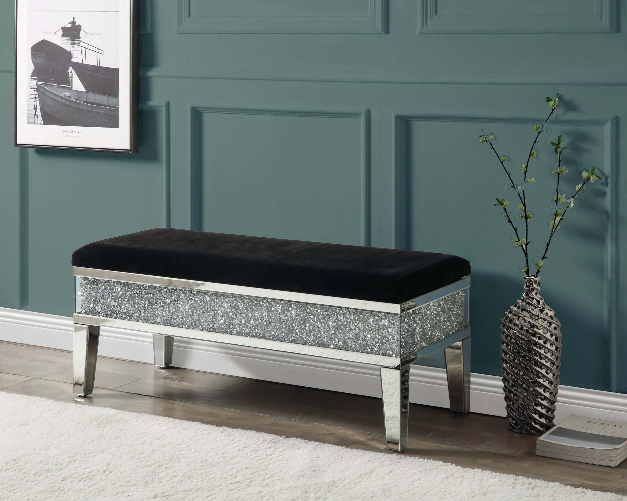 ACME Noralie BENCH W STORAGE Mirrored & Faux Diamonds silver-glass