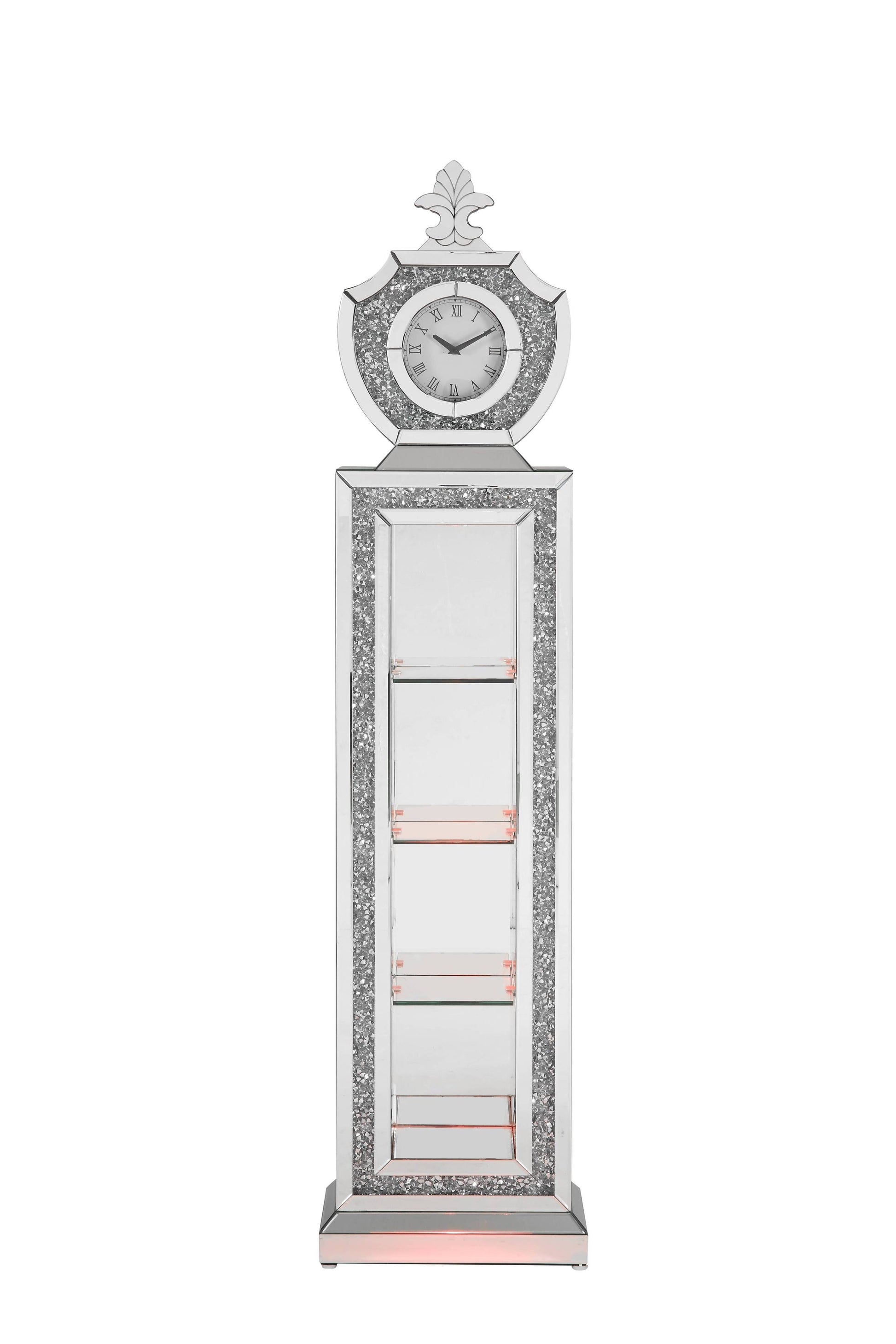 ACME Noralie GRANDFATHER CLOCK W LED Mirrored & Faux silver-glass