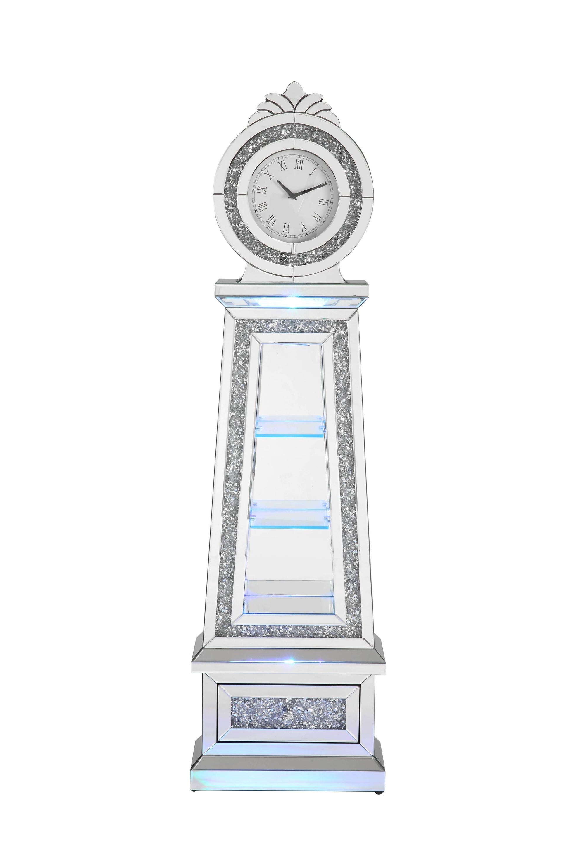 ACME Noralie GRANDFATHER CLOCK W LED Mirrored & Faux silver-glass