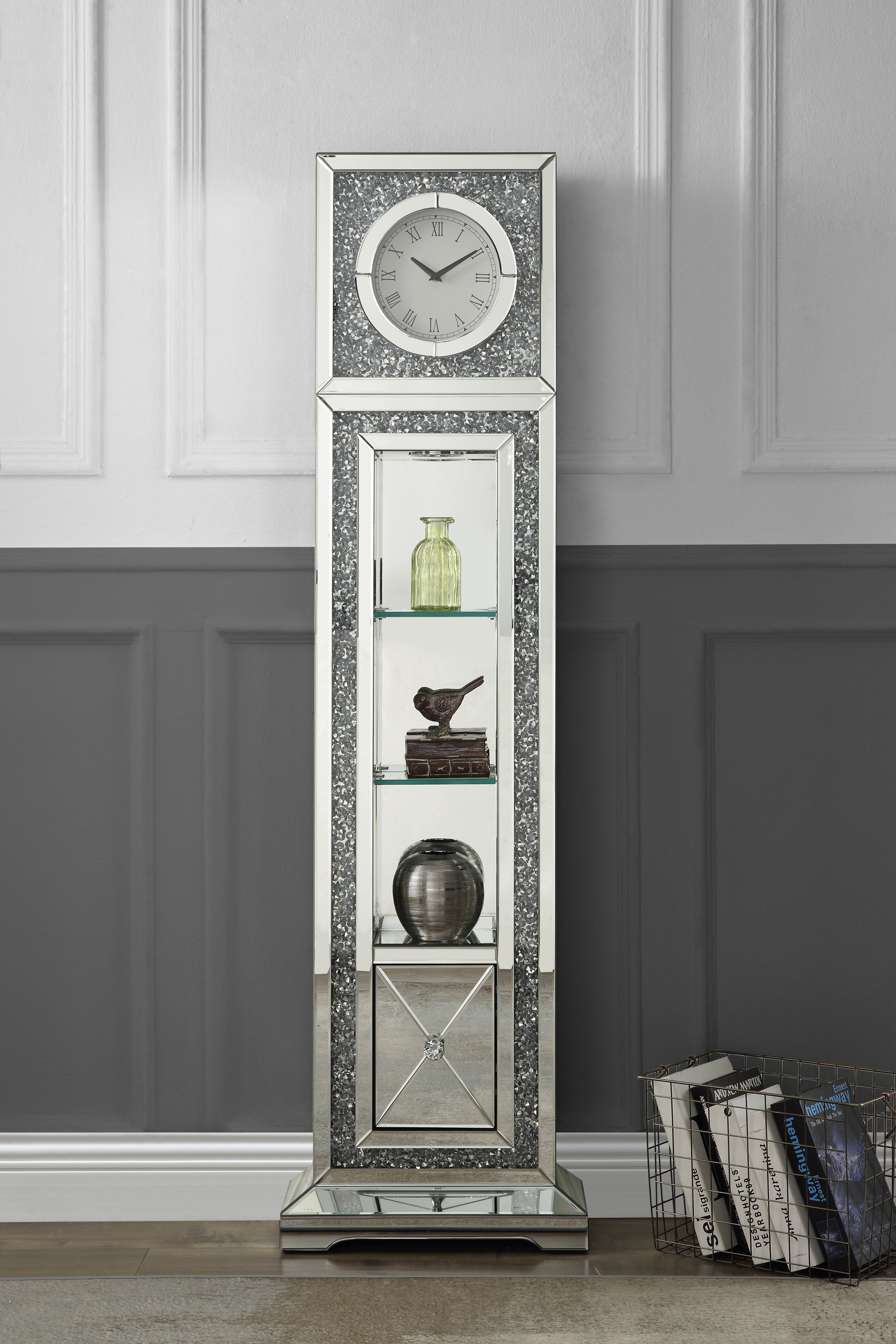 ACME Noralie GRANDFATHER CLOCK W LED Mirrored & Faux silver-glass