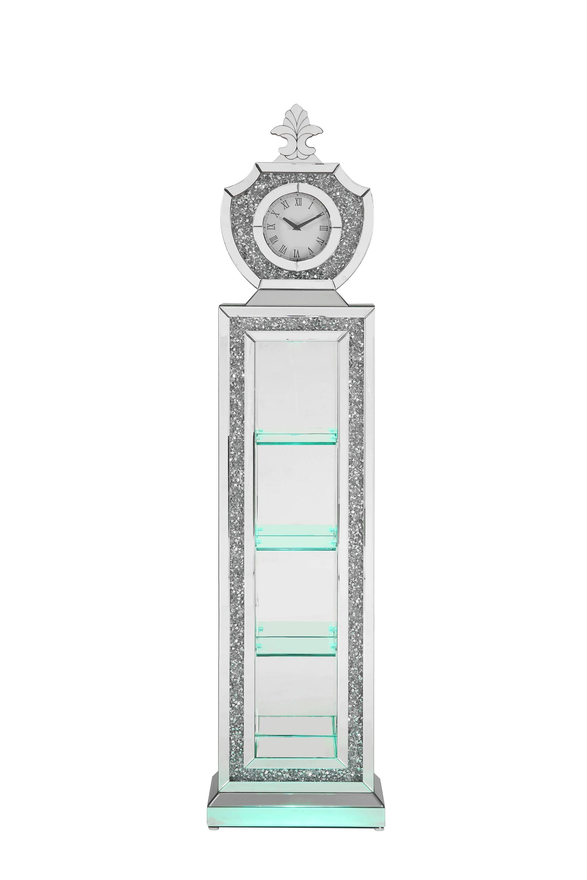 ACME Noralie GRANDFATHER CLOCK W LED Mirrored & Faux silver-glass