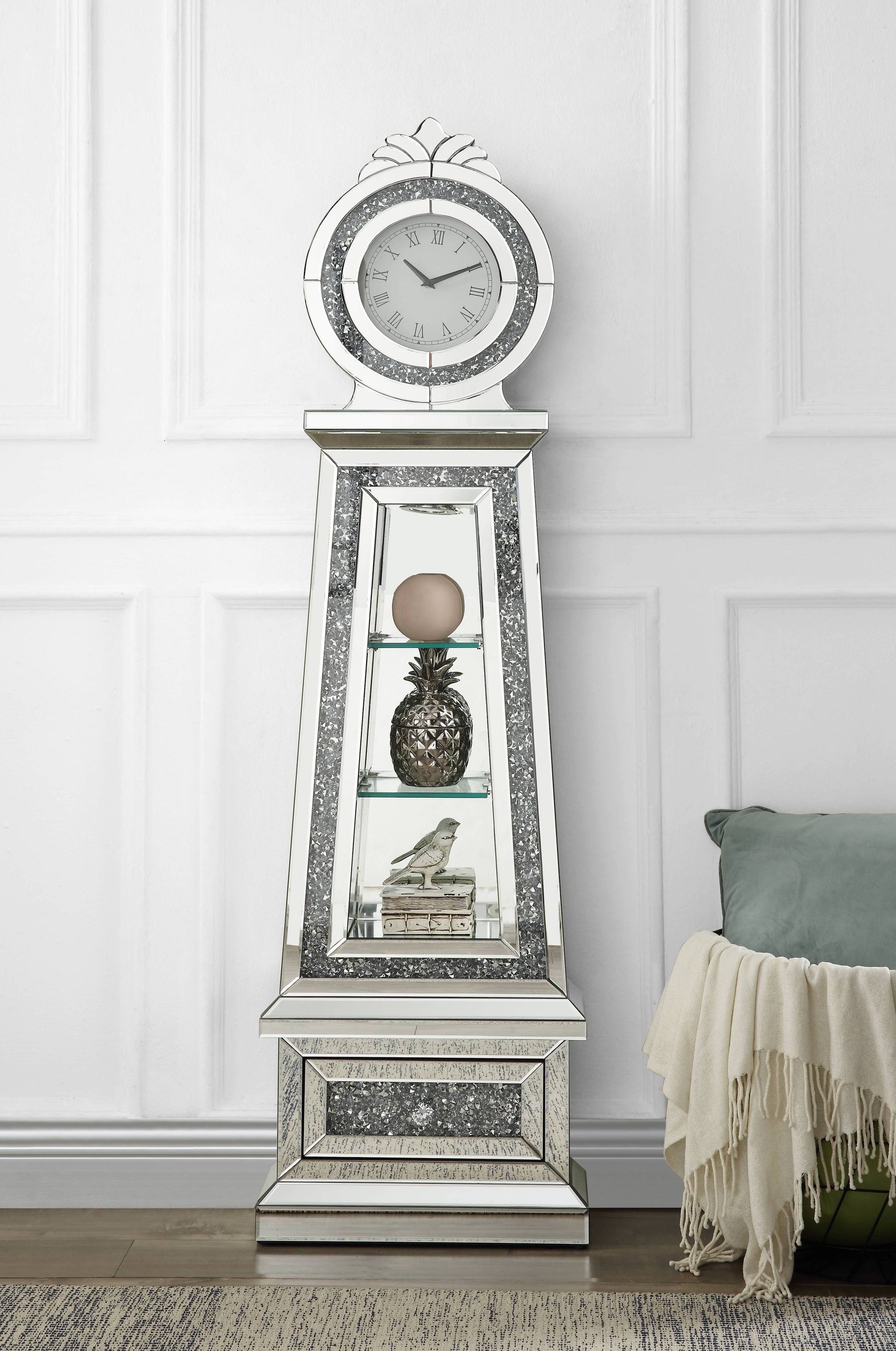 ACME Noralie GRANDFATHER CLOCK W LED Mirrored & Faux silver-glass