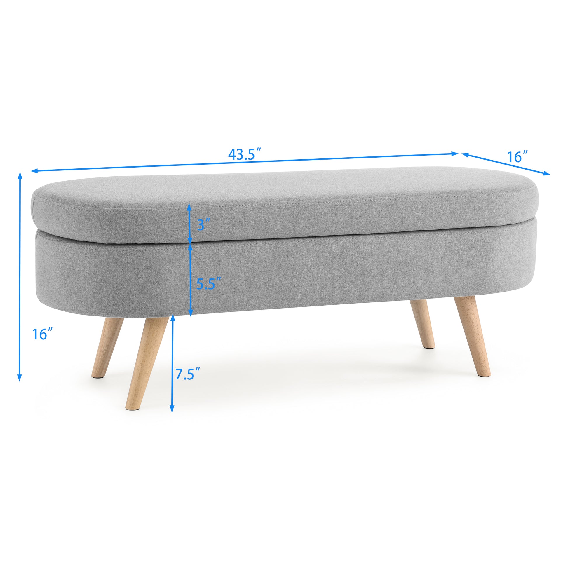 Ottoman Oval Storage Bench, Rubber Wood Legs, Grey grey-linen