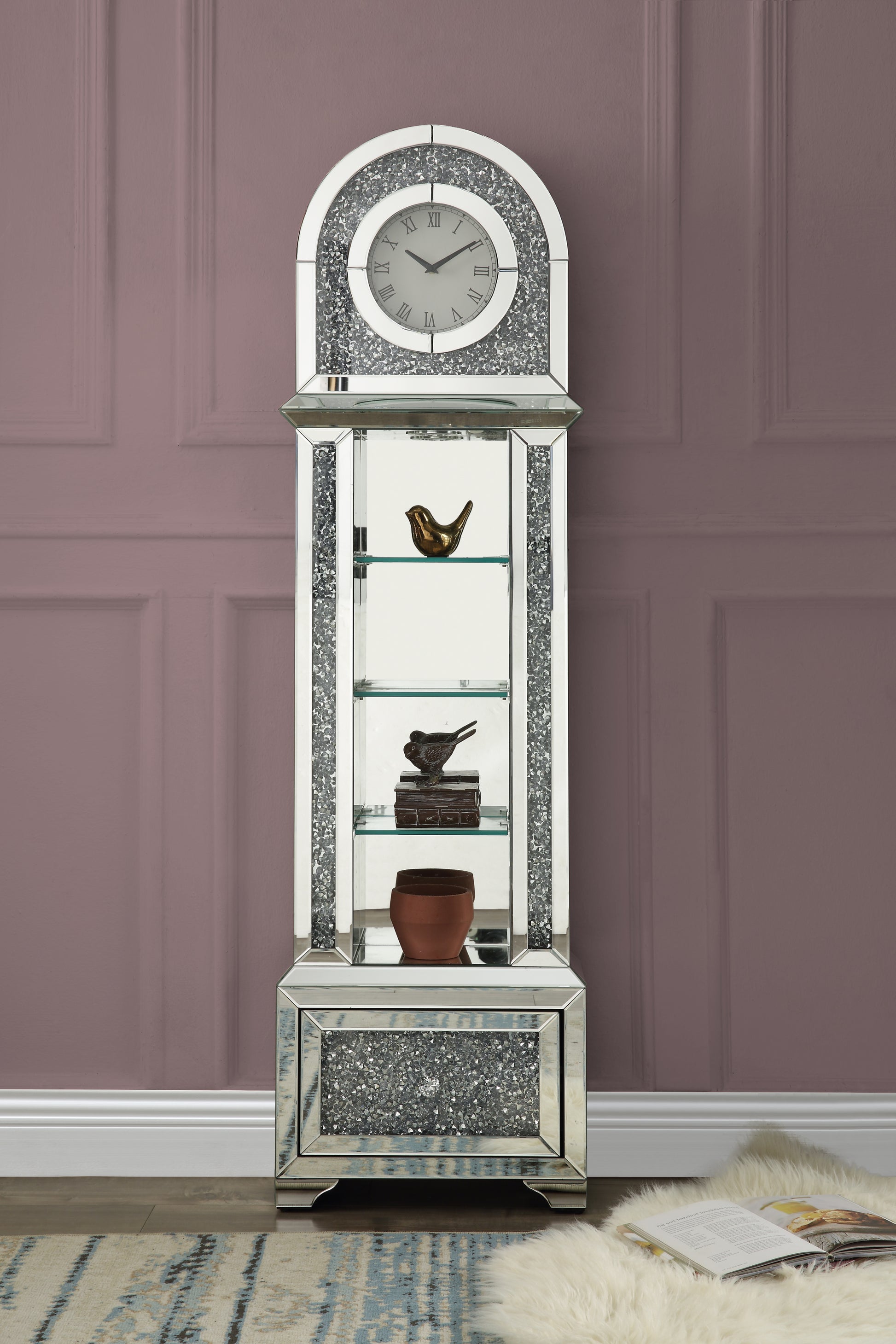 ACME Noralie GRANDFATHER CLOCK W LED Mirrored & Faux silver-glass