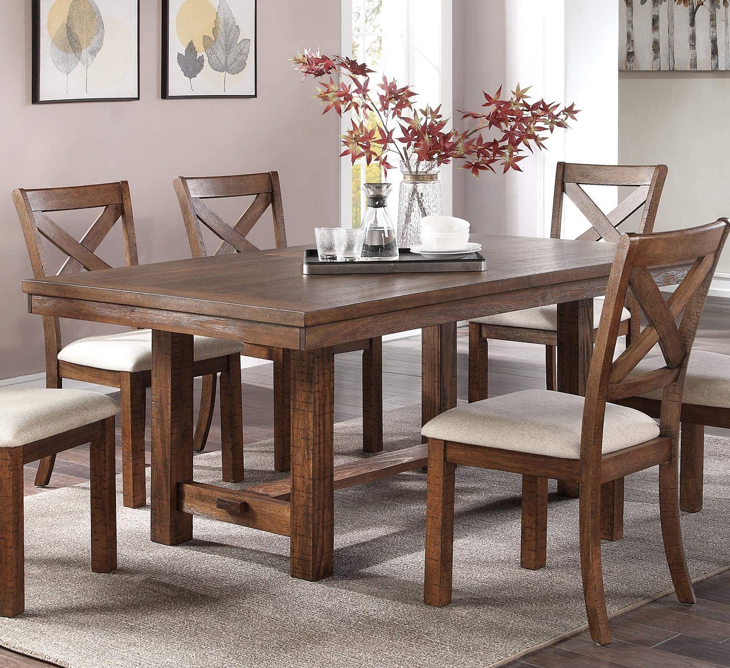 Dining Table and 6x Side Chairs Natural Brown Finish brown-wood-dining room-solid