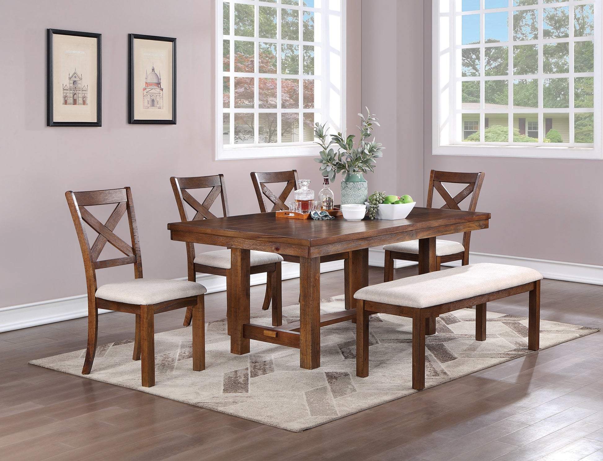 Dining Table 1x Bench and 4x Side Chairs Natural Brown brown-wood-dining room-bench