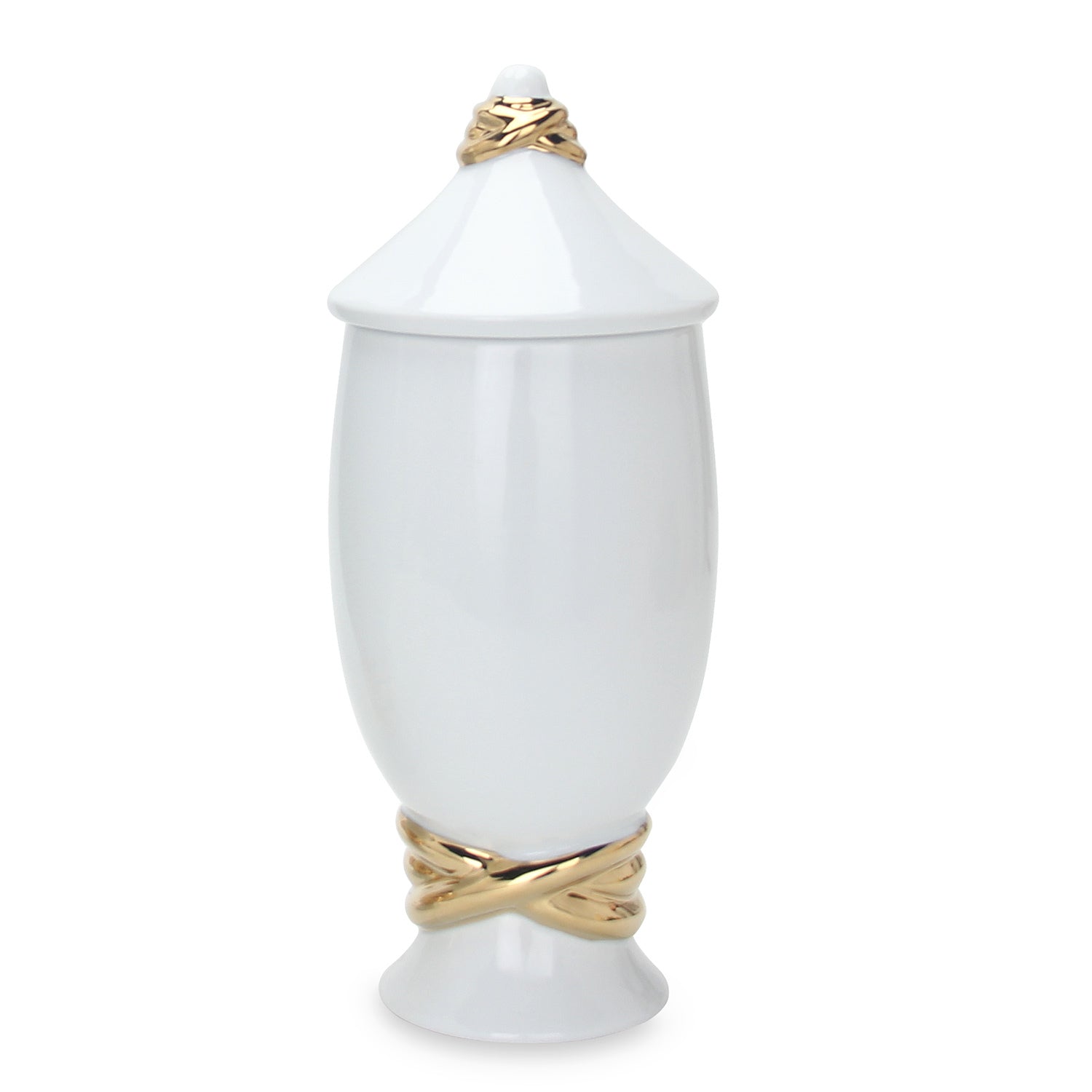 White Ceramic Decorative Jar with Gold Accent and Lid white-ceramic