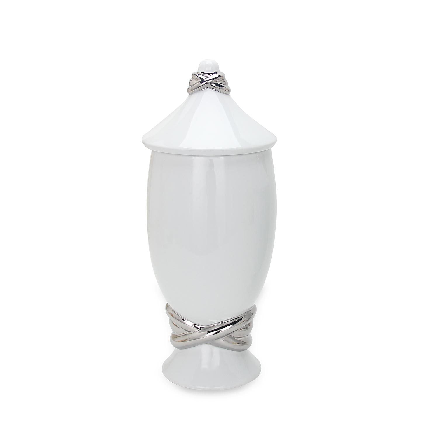 White Ceramic Decorative Jar with Silver Accent and white-ceramic