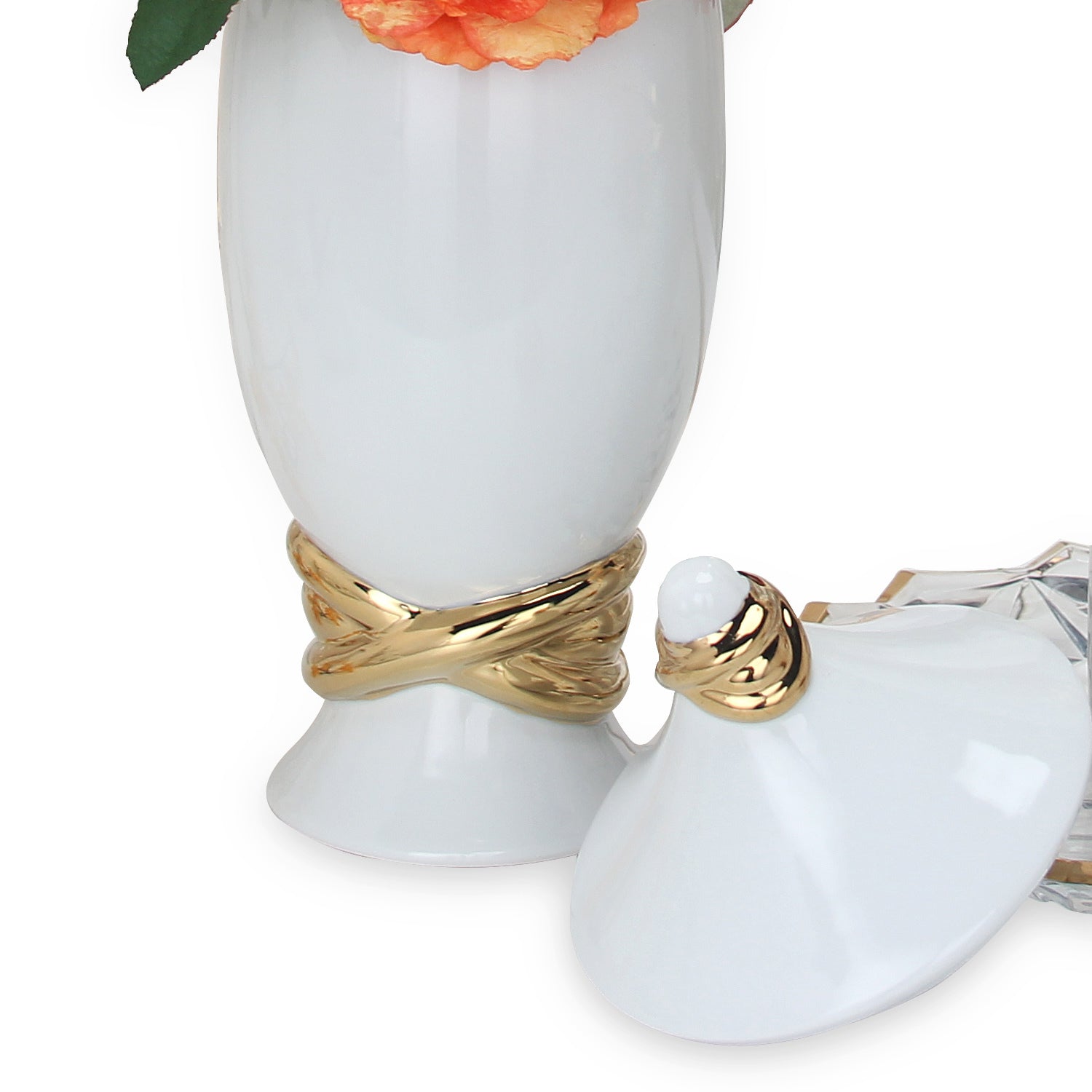 White Ceramic Decorative Jar with Gold Accent and Lid white-ceramic