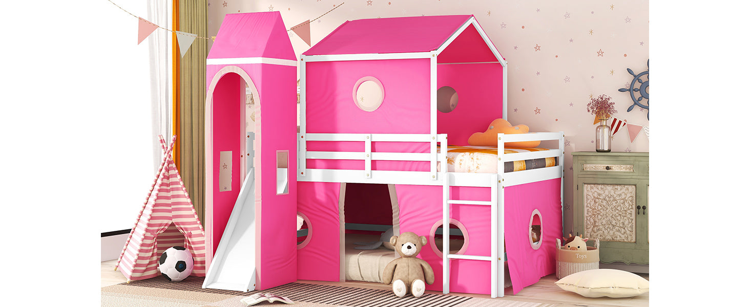 Full Size Bunk Bed With Slide Pink Tent And Tower