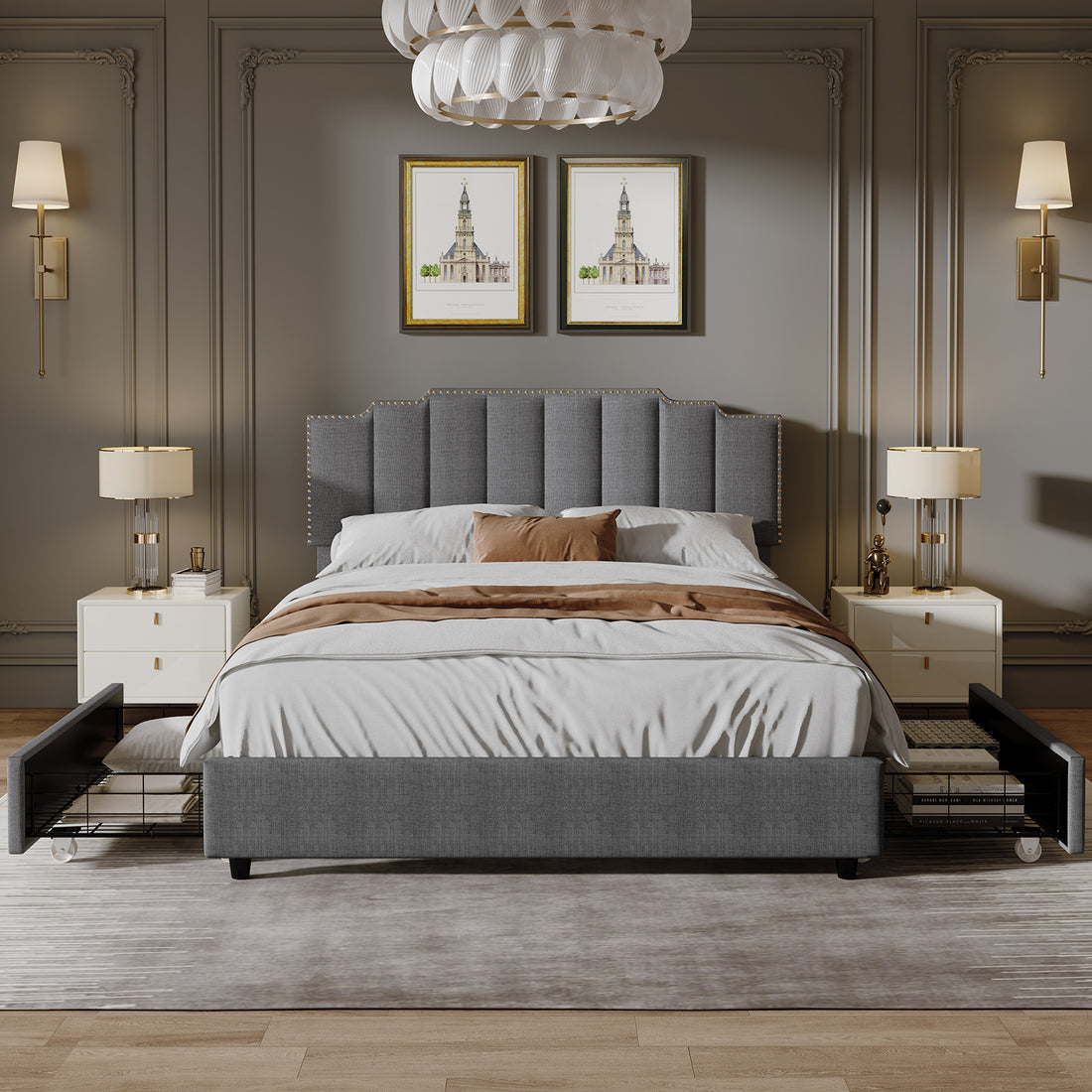 Queen Size Upholstered Platform Bed Linen Bed