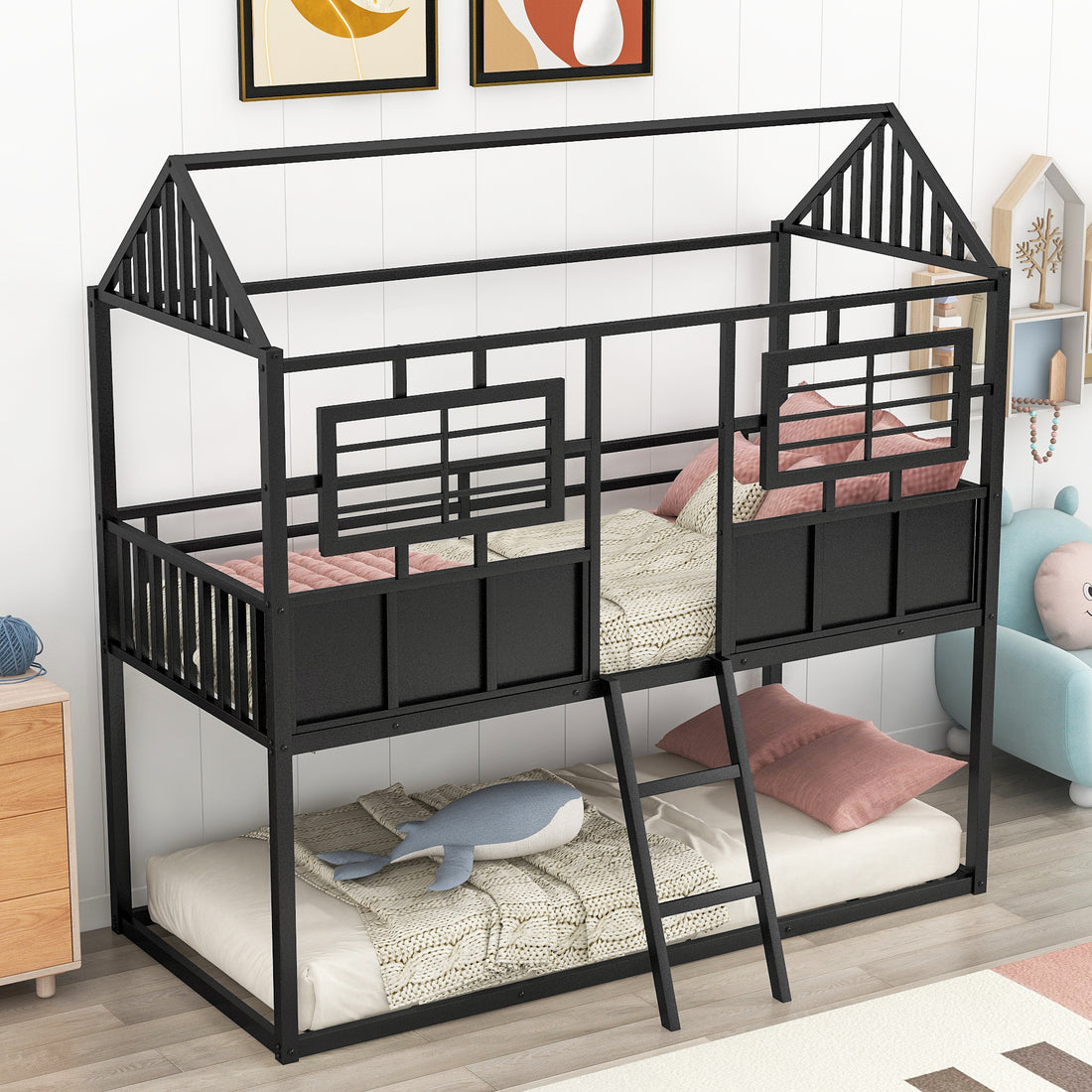 Twin Over Twin Size Metal Low Bunk Beds With Roof