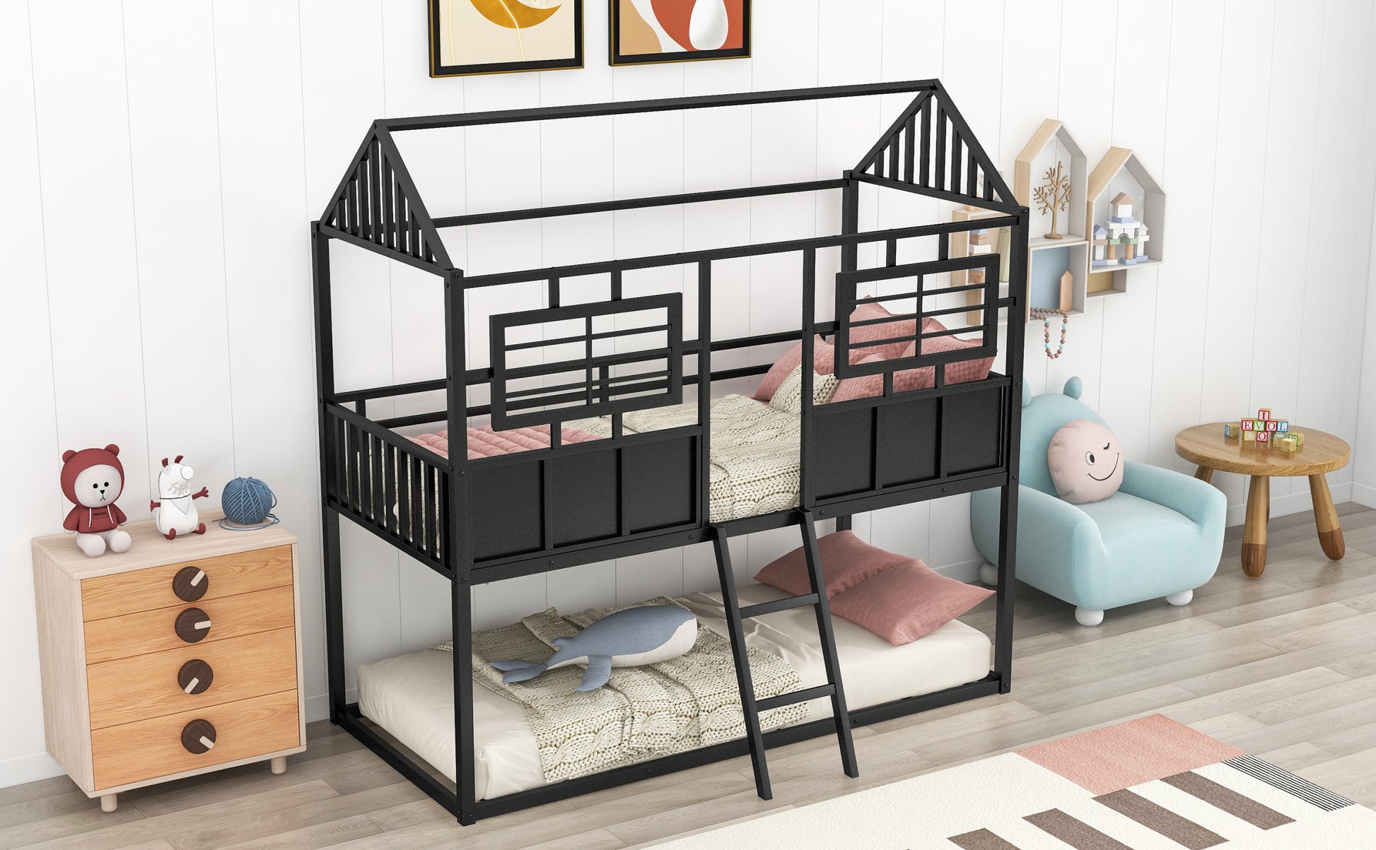 Twin Over Twin Size Metal Low Bunk Beds With Roof