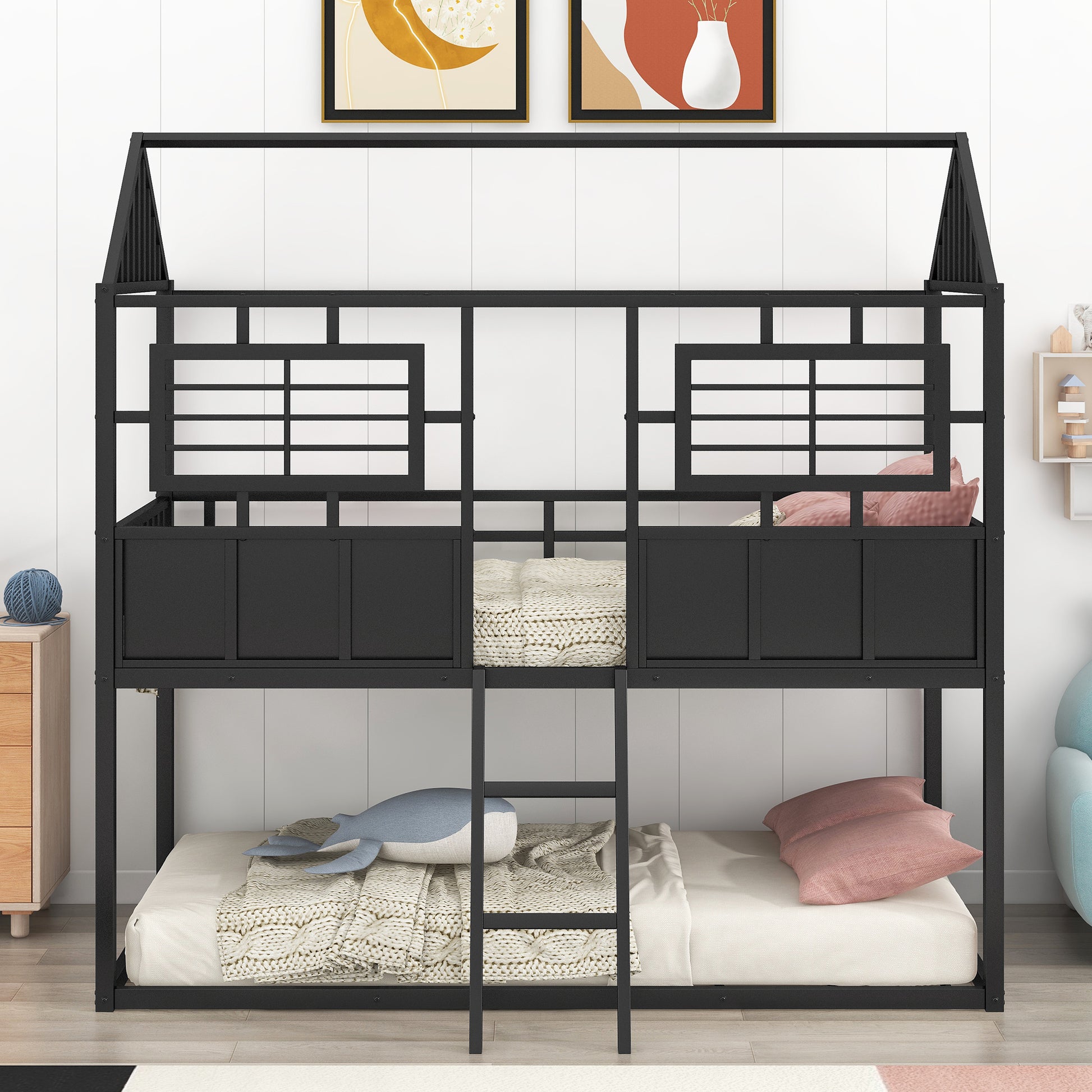 Twin Over Twin Size Metal Low Bunk Beds With Roof