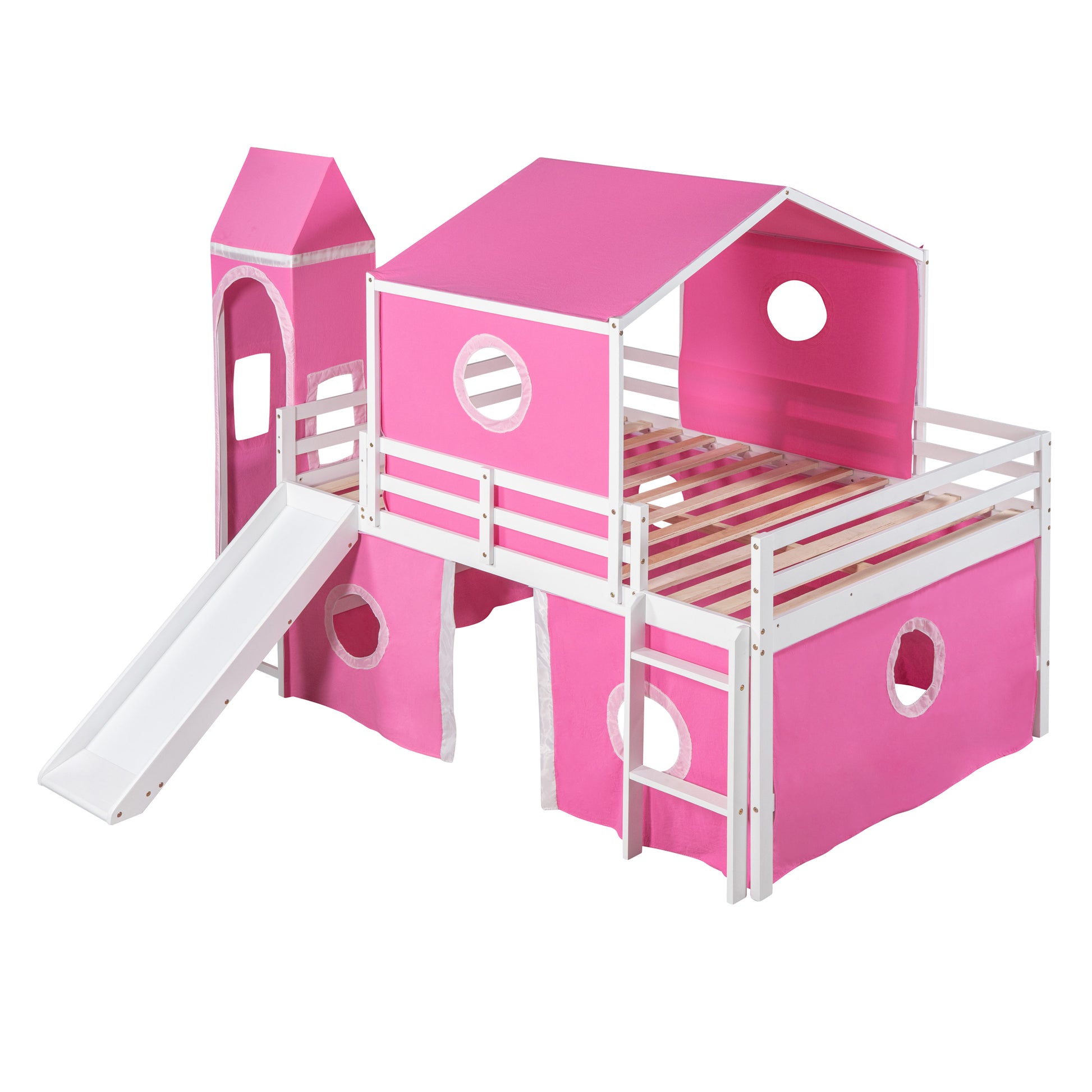 Full Size Bunk Bed With Slide Pink Tent And Tower