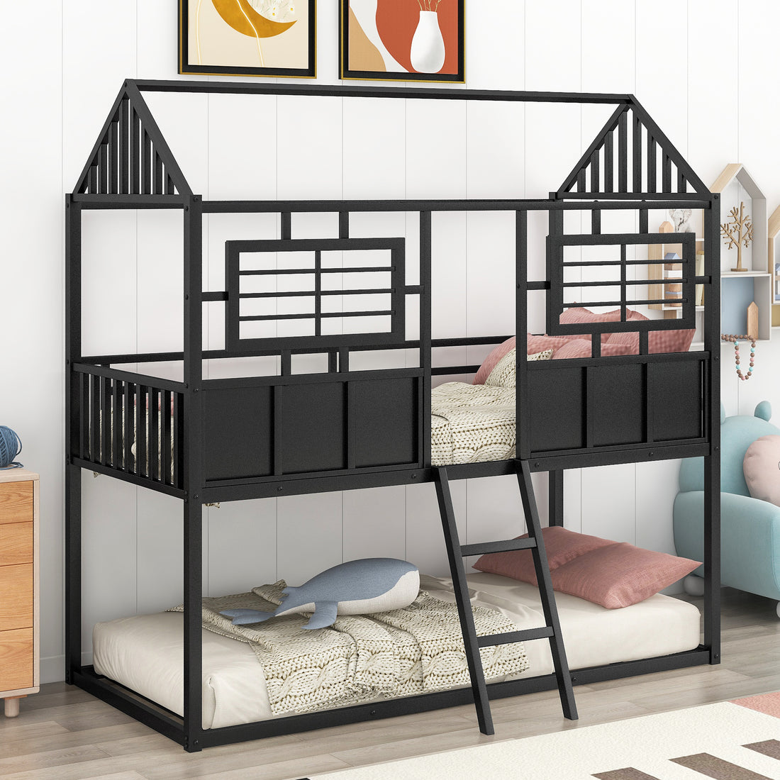 Twin Over Twin Size Metal Low Bunk Beds With Roof