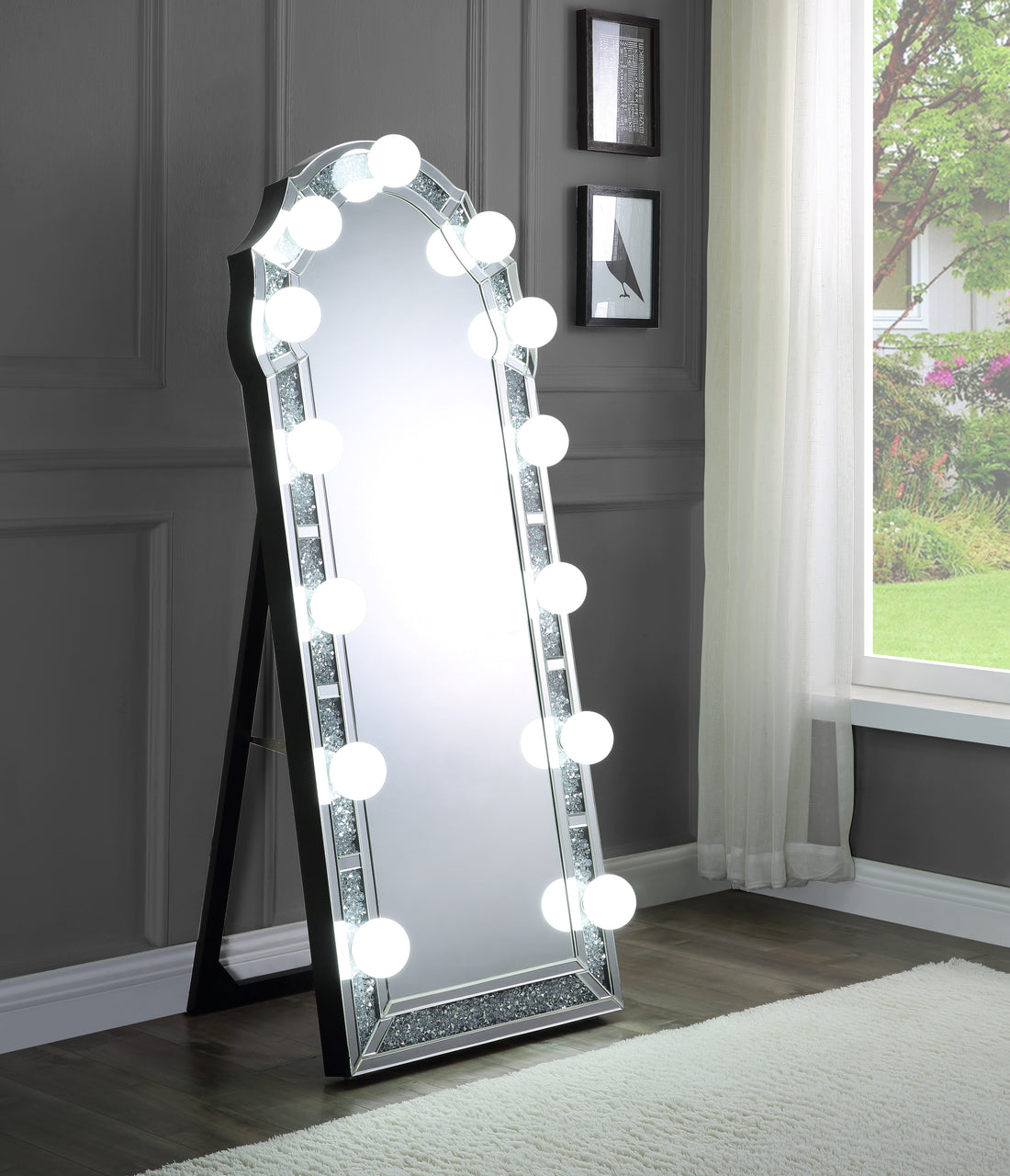 ACME Noralie Accent Floor Mirror in Mirrored & Faux silver-glass