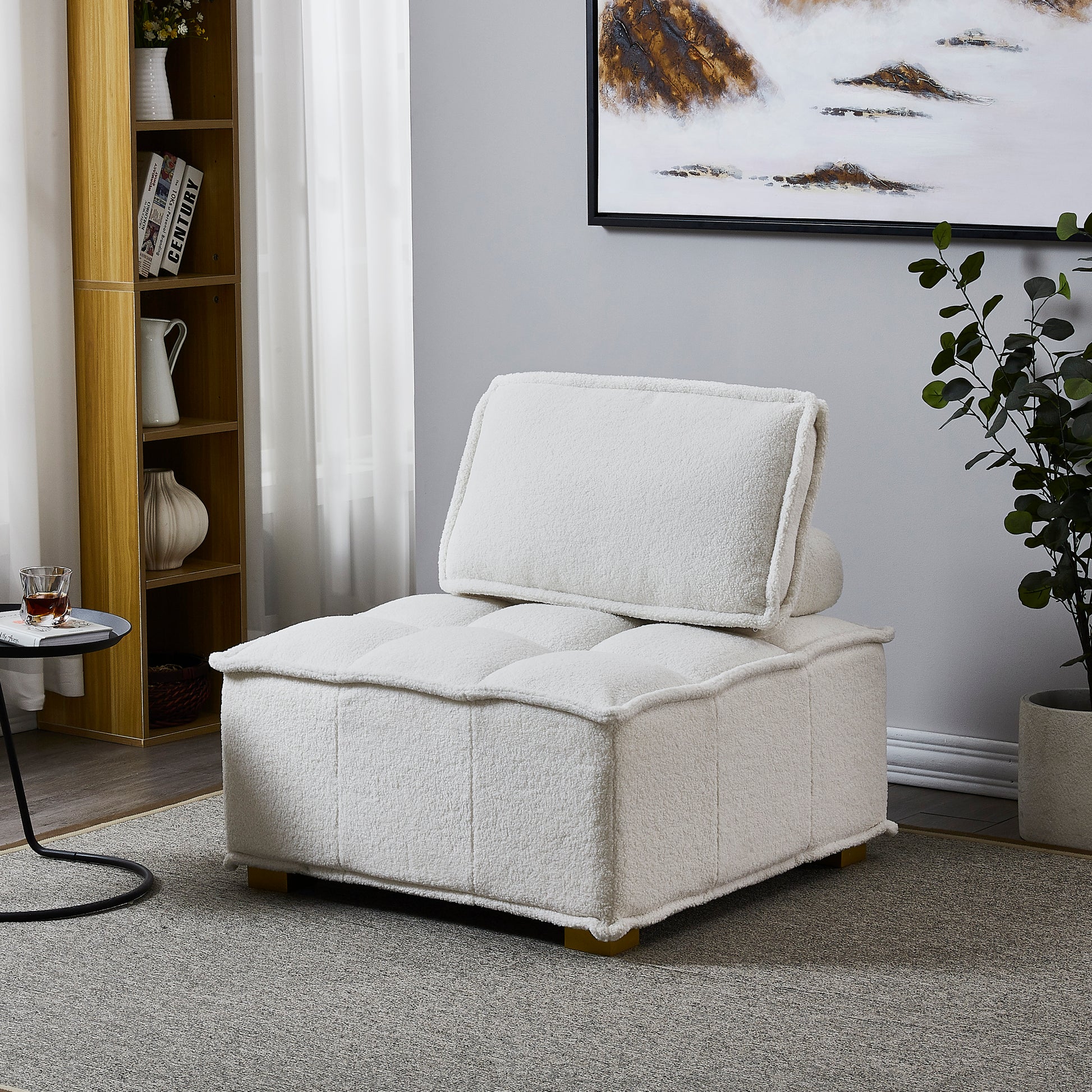 Lazy sofa ottoman with gold wooden legs teddy fabric white-foam-fabric