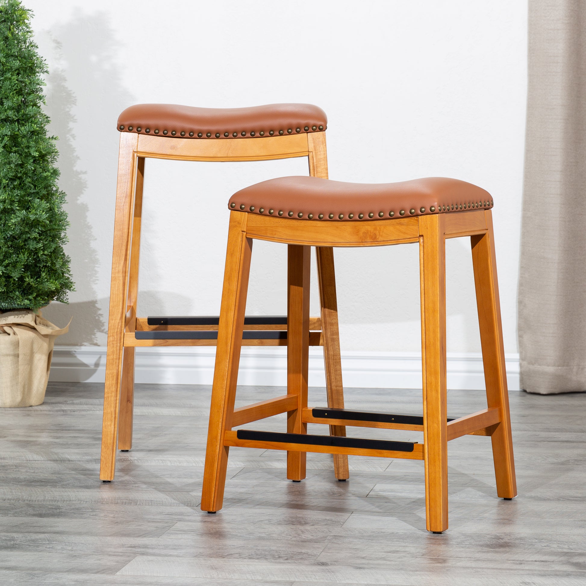 30" Bar Stool, Natural Finish, Saddle Leather Seat natural-bonded leather