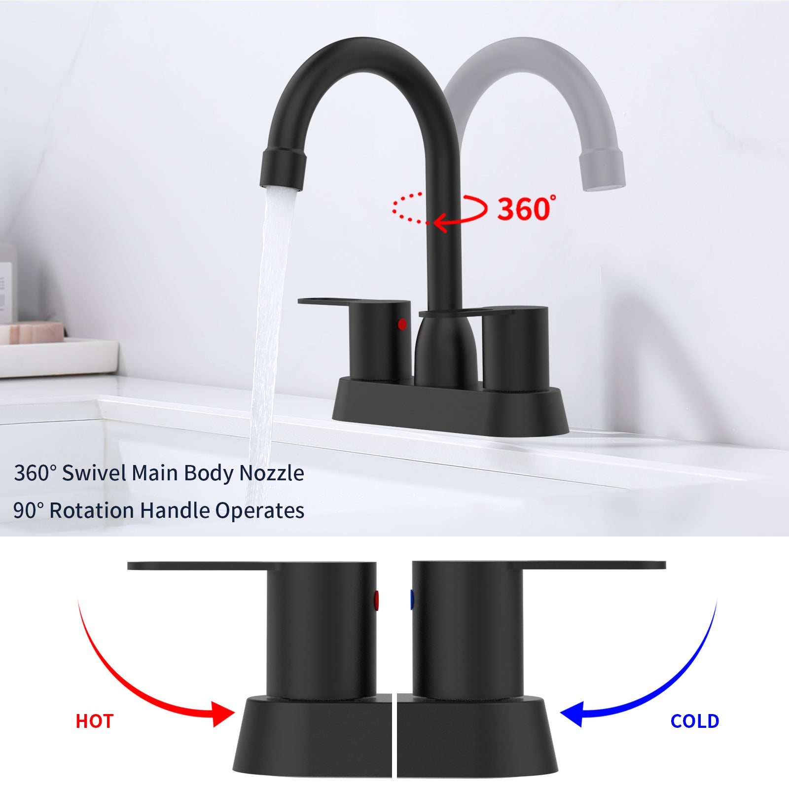 2 Handles Bathroom Sink Faucet, Matt Black Centerset matte black-metal