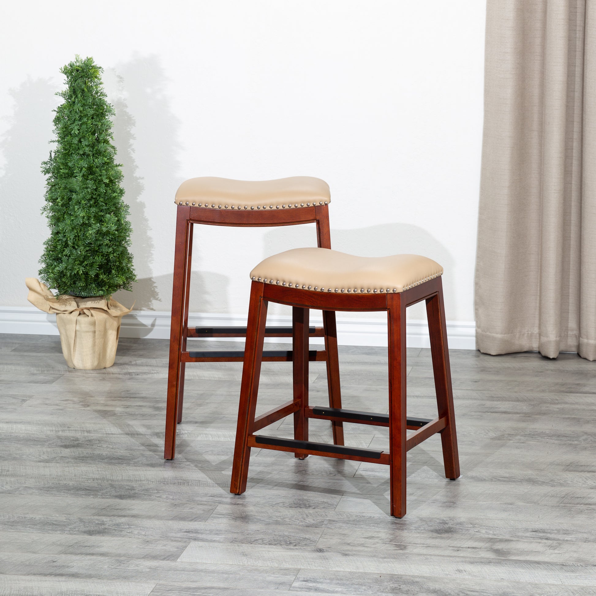 30" Bar Stool, Cherry Finish, Bone Leather Seat cherry-bonded leather