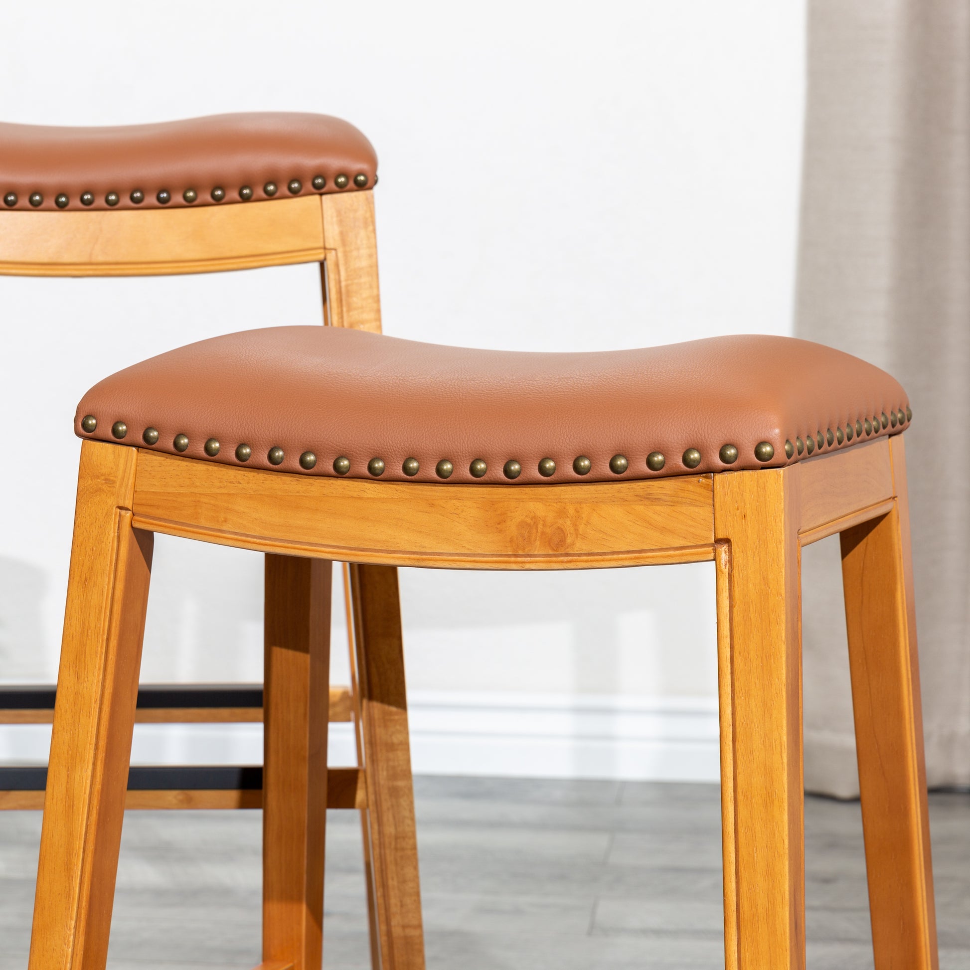 30" Bar Stool, Natural Finish, Saddle Leather Seat natural-bonded leather