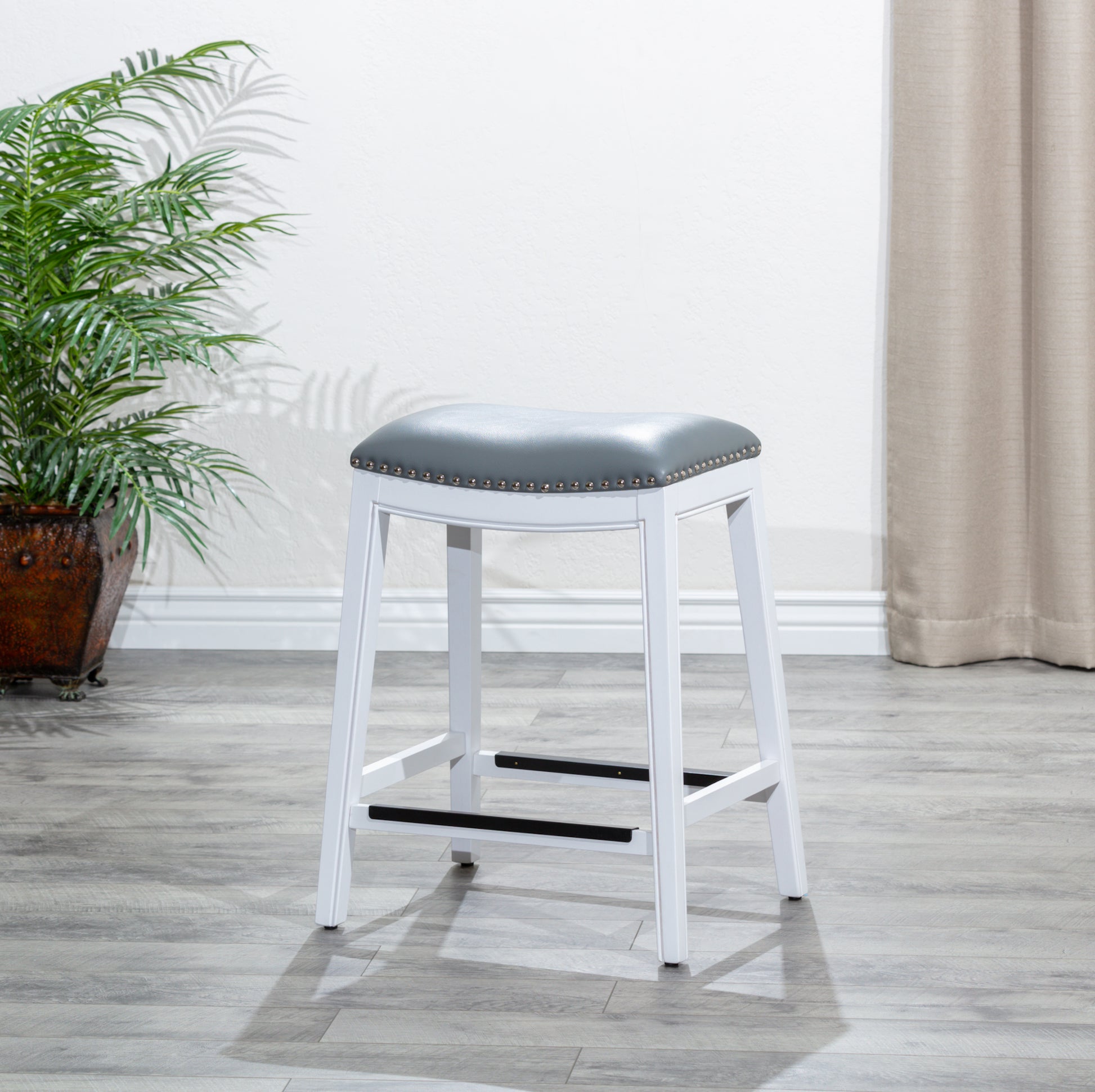 24" Counter Stool, White Finish, Gray Leather Seat white-bonded leather