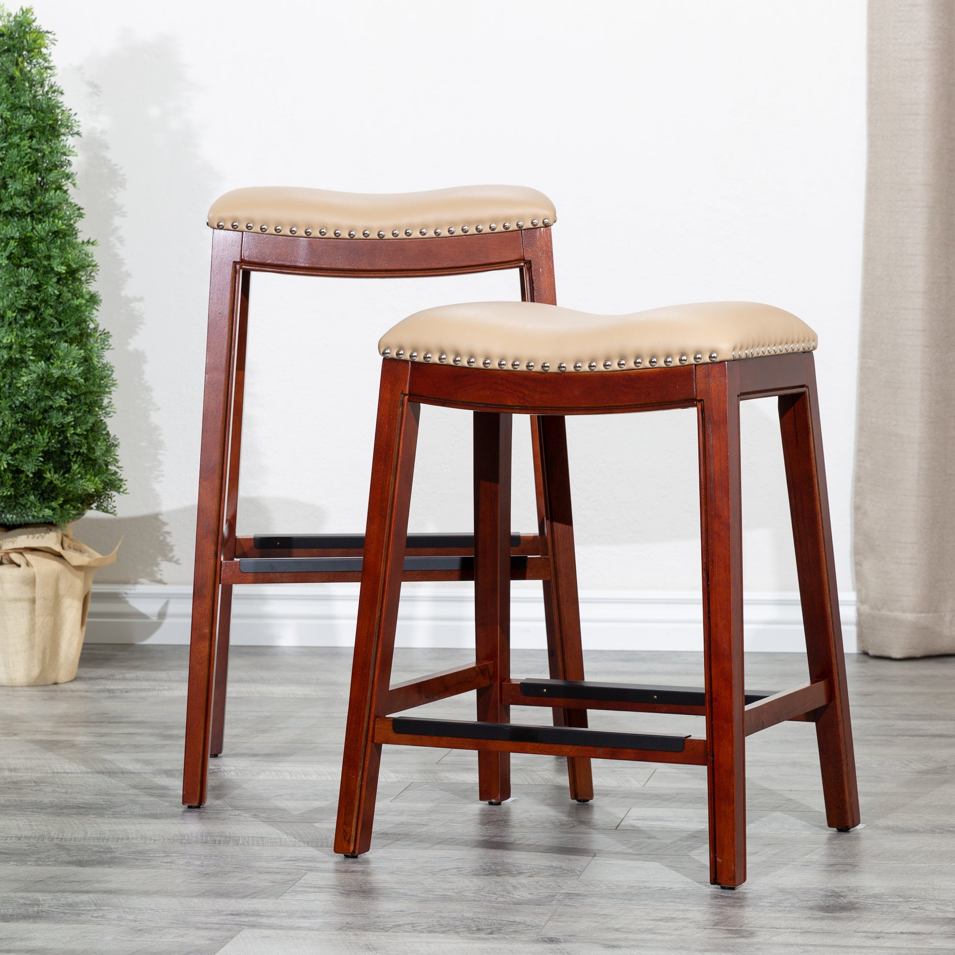 30" Bar Stool, Cherry Finish, Bone Leather Seat cherry-bonded leather