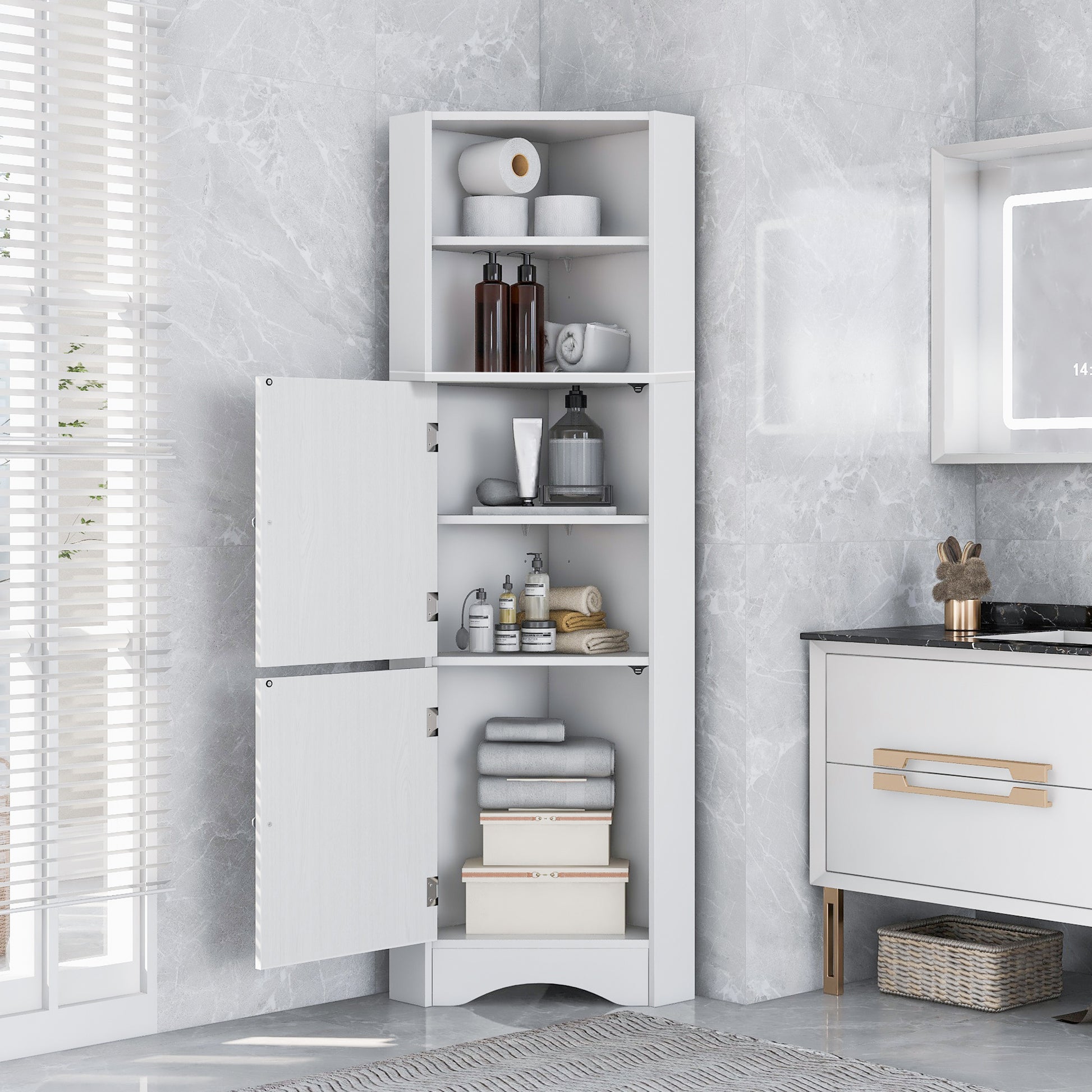 Tall Bathroom Corner Cabinet, Freestanding Storage white-mdf