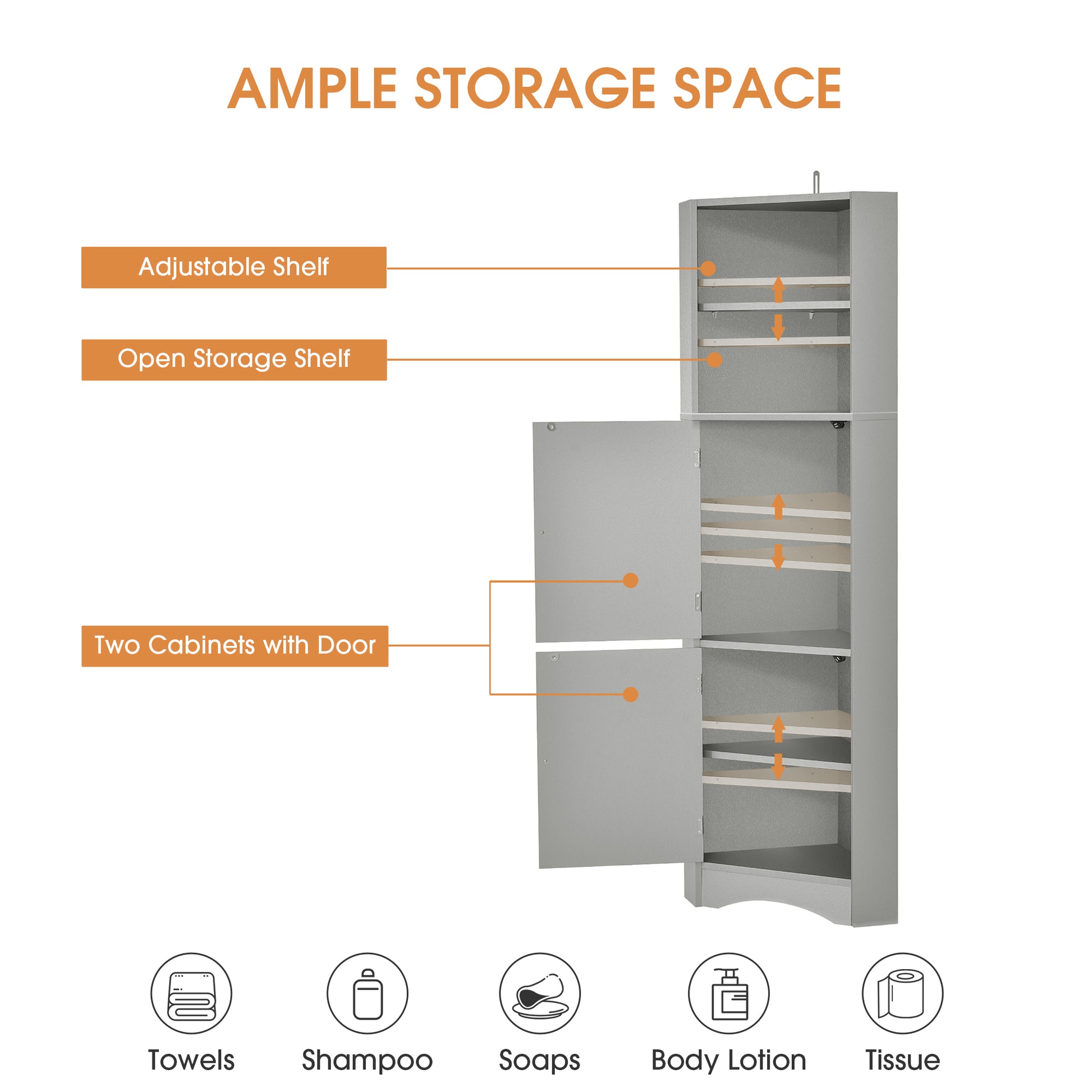 Tall Bathroom Corner Cabinet, Freestanding Storage gray-mdf