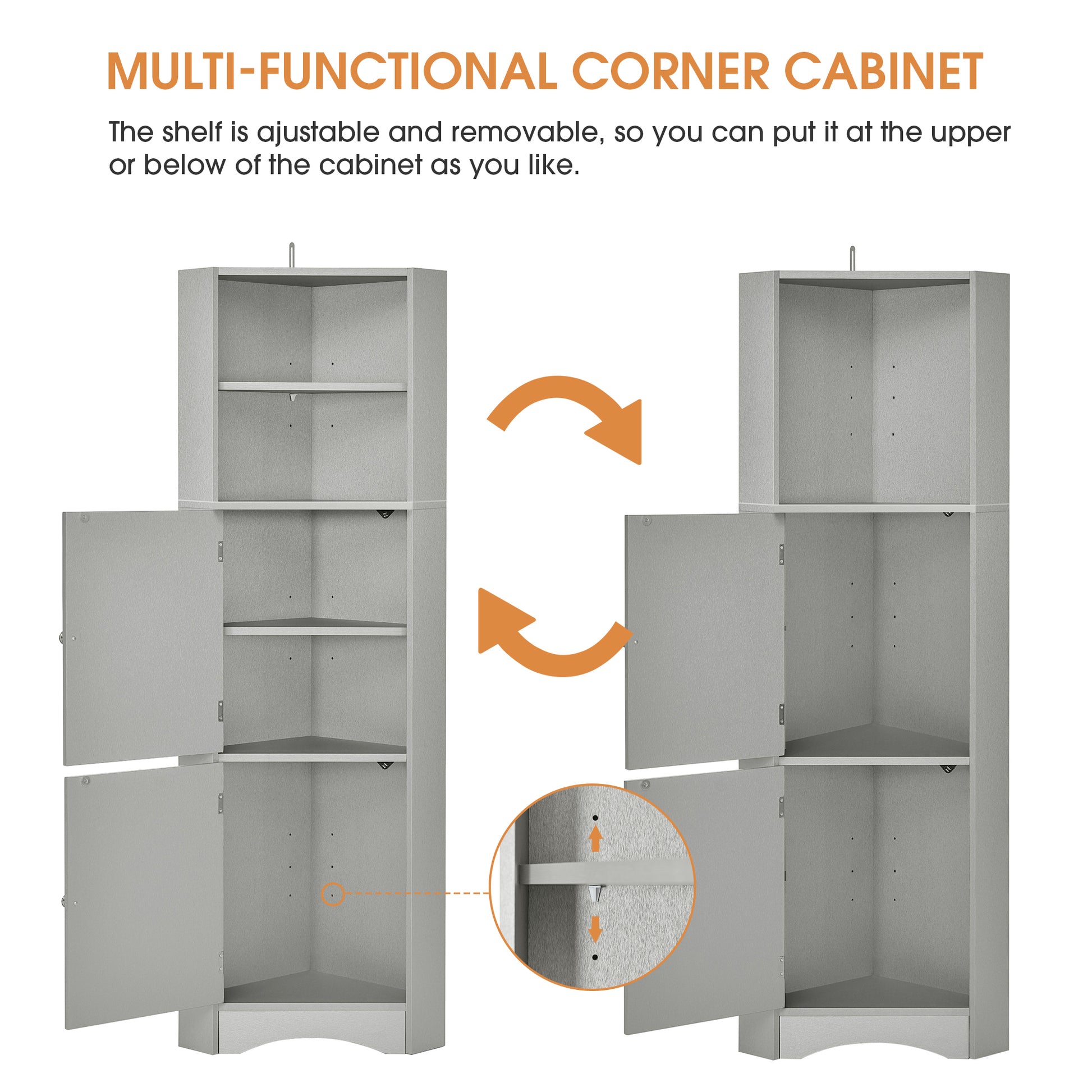 Tall Bathroom Corner Cabinet, Freestanding Storage gray-mdf