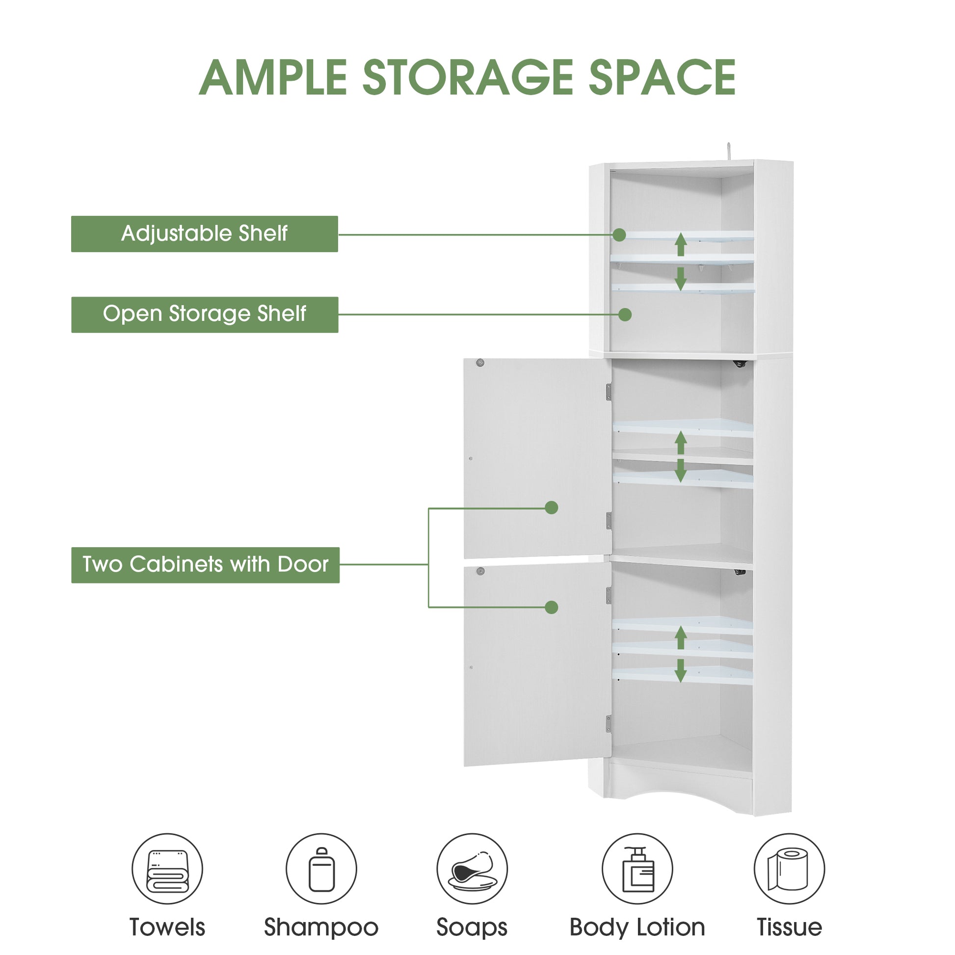 Tall Bathroom Corner Cabinet, Freestanding Storage white-mdf