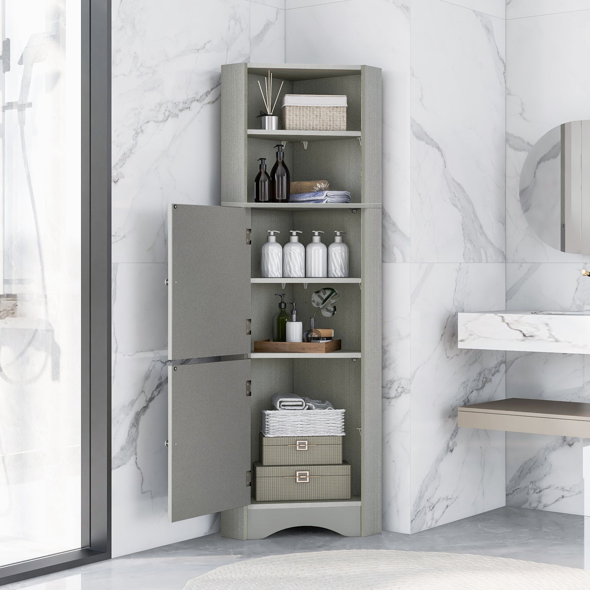 Tall Bathroom Corner Cabinet, Freestanding Storage gray-mdf