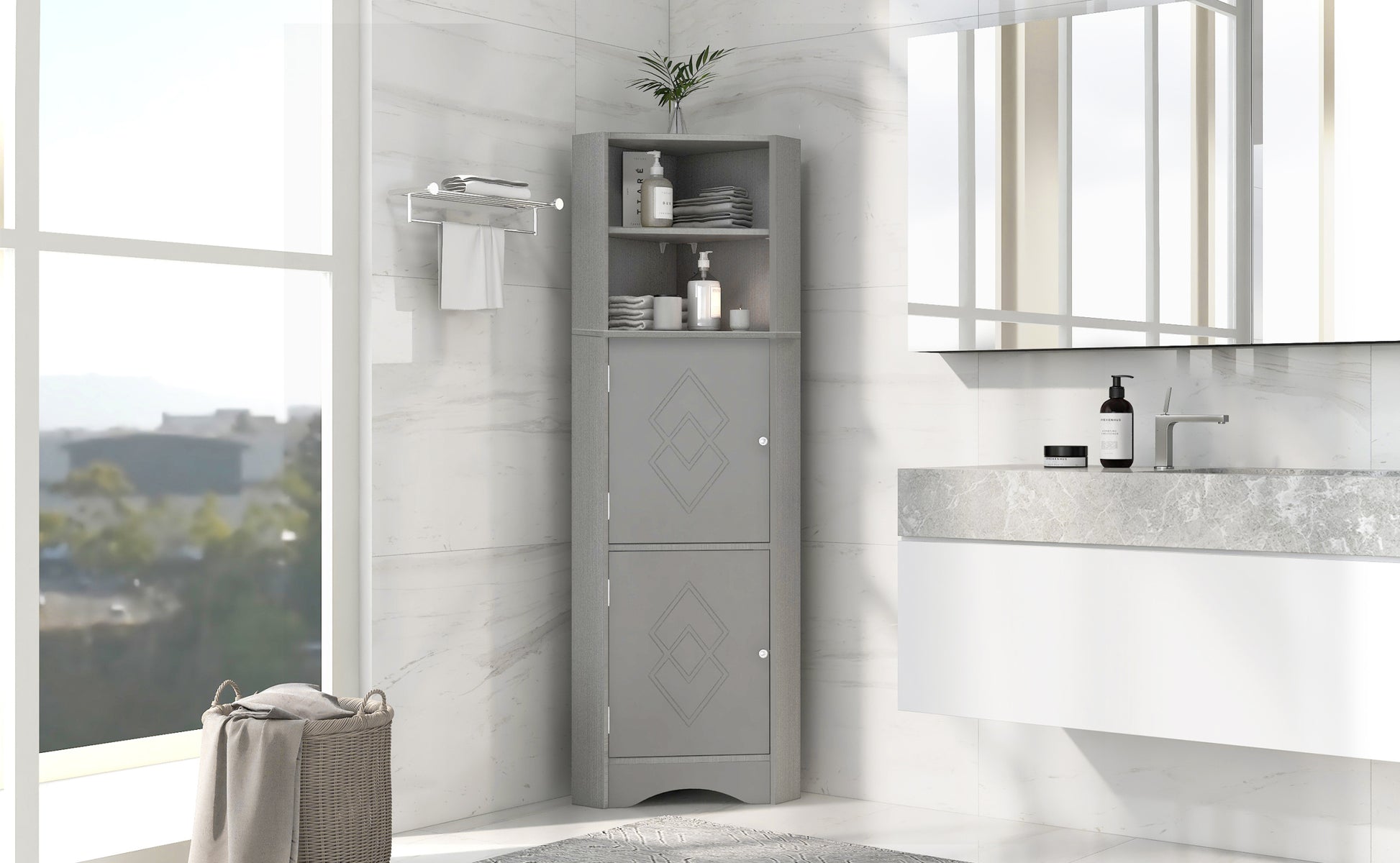 Tall Bathroom Corner Cabinet, Freestanding Storage gray-mdf