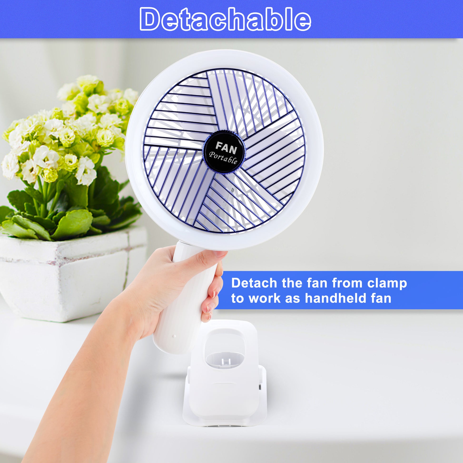 Clip on Fan with LED Lamp, Rechargeable Desk Fan, 4 white-plastic