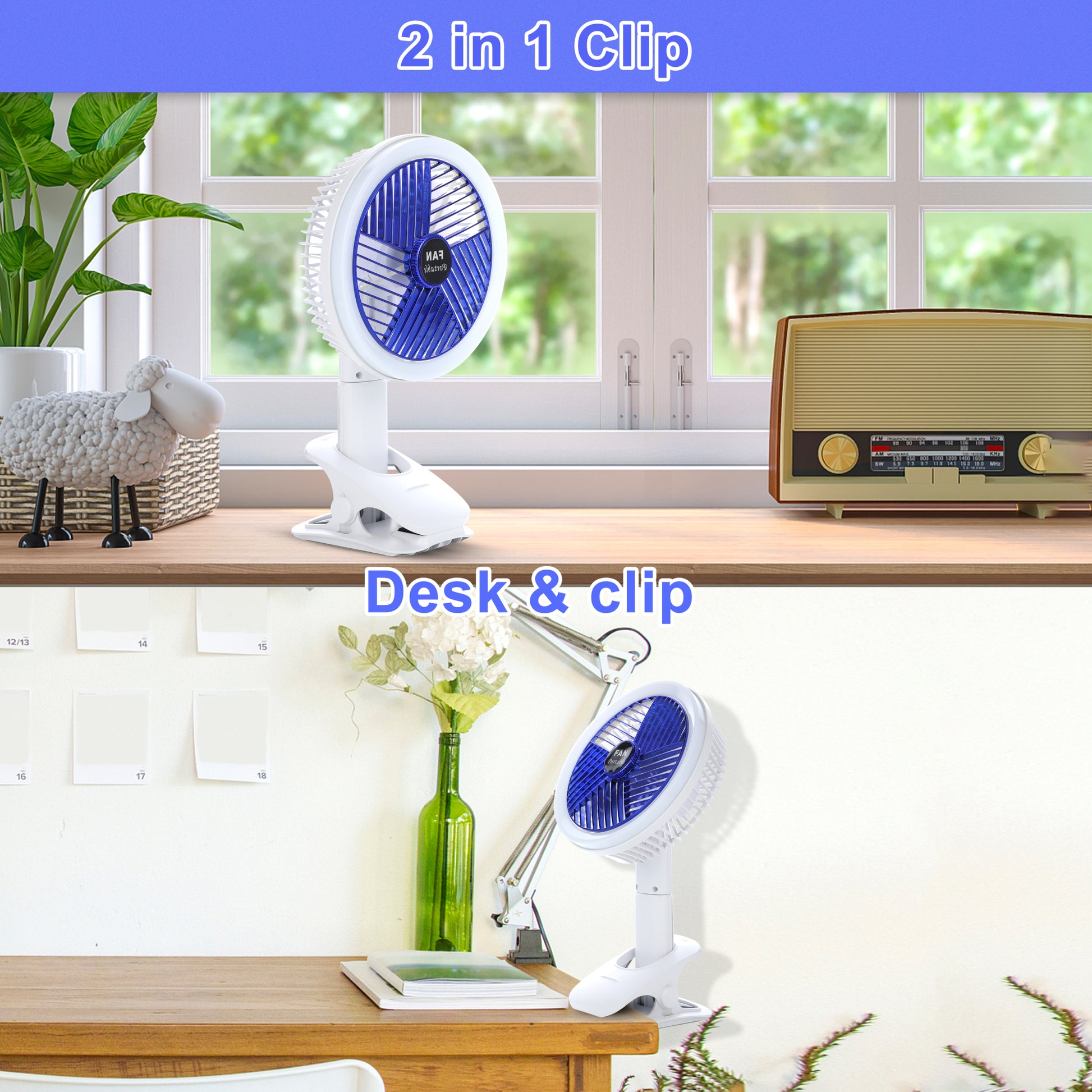 Clip on Fan with LED Lamp, Rechargeable Desk Fan, 4 white-plastic