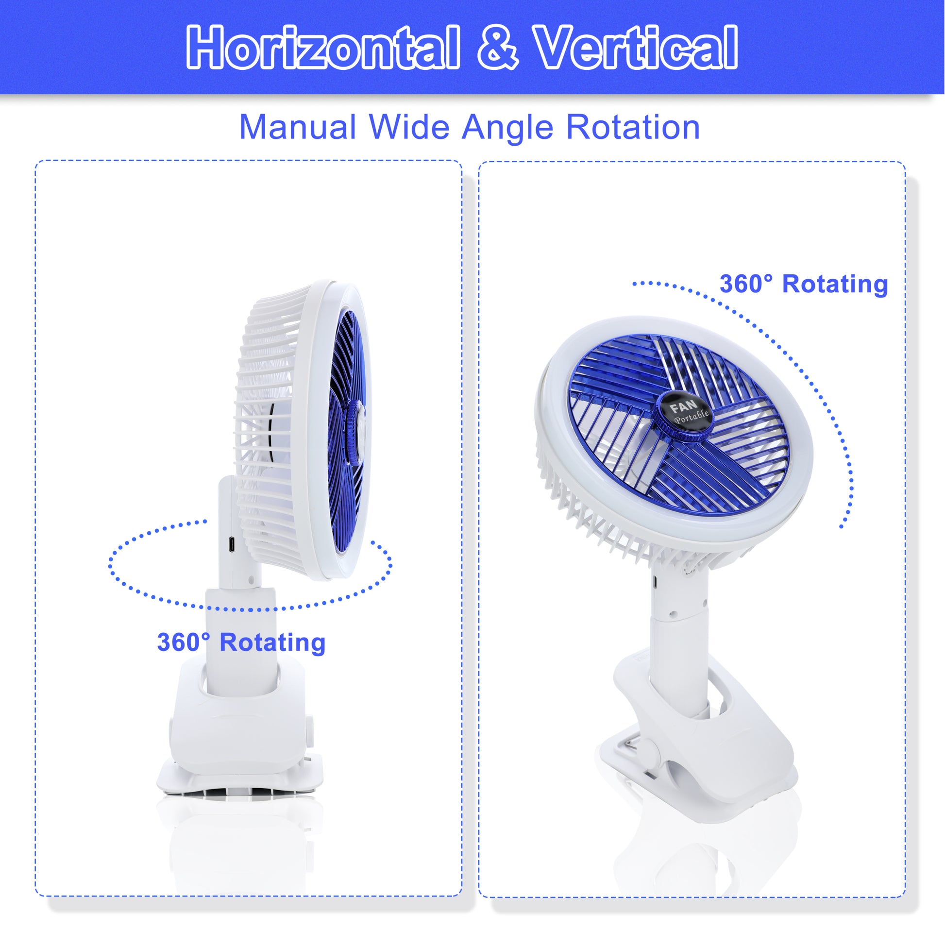 Clip on Fan with LED Lamp, Rechargeable Desk Fan, 4 white-plastic