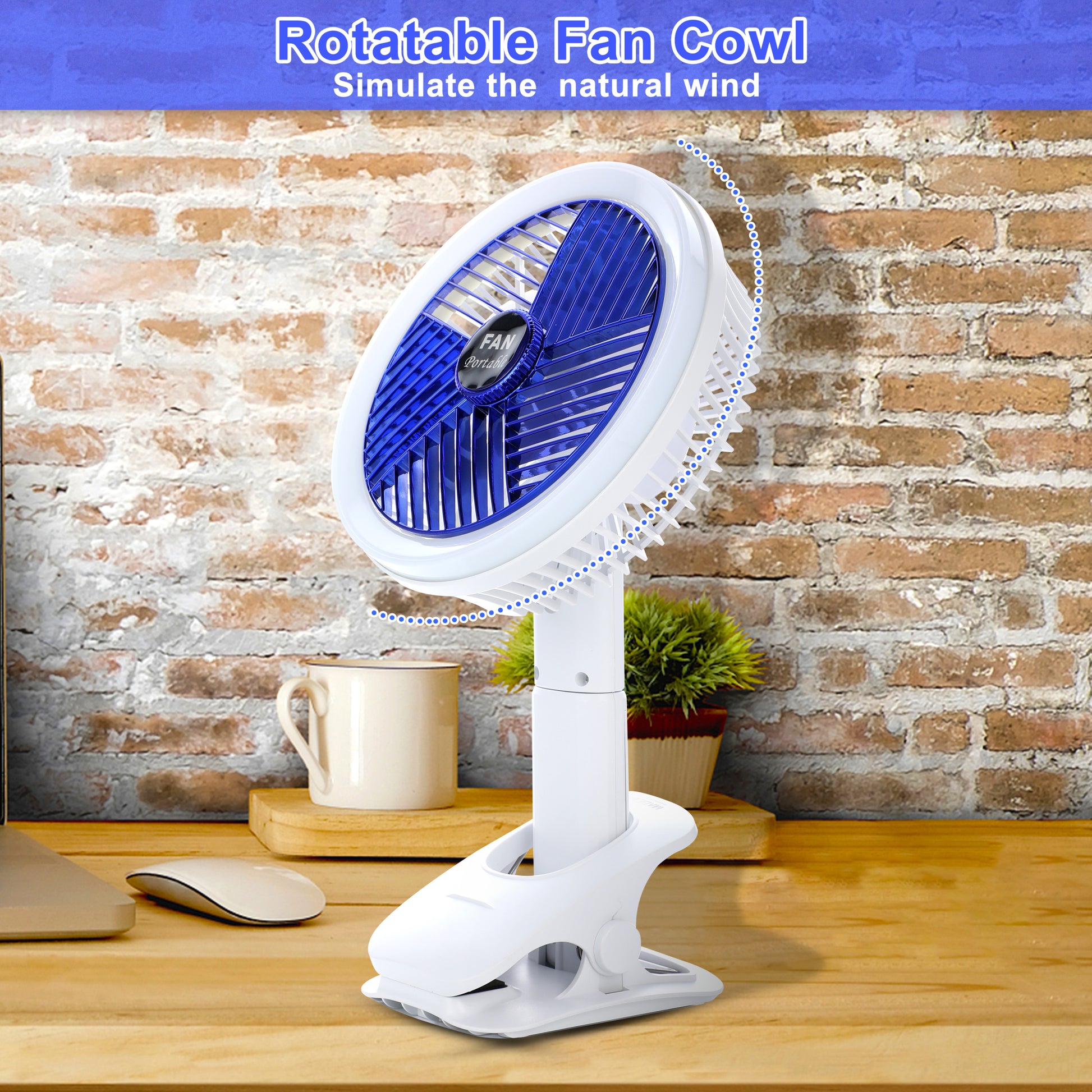 Clip on Fan with LED Lamp, Rechargeable Desk Fan, 4 white-plastic