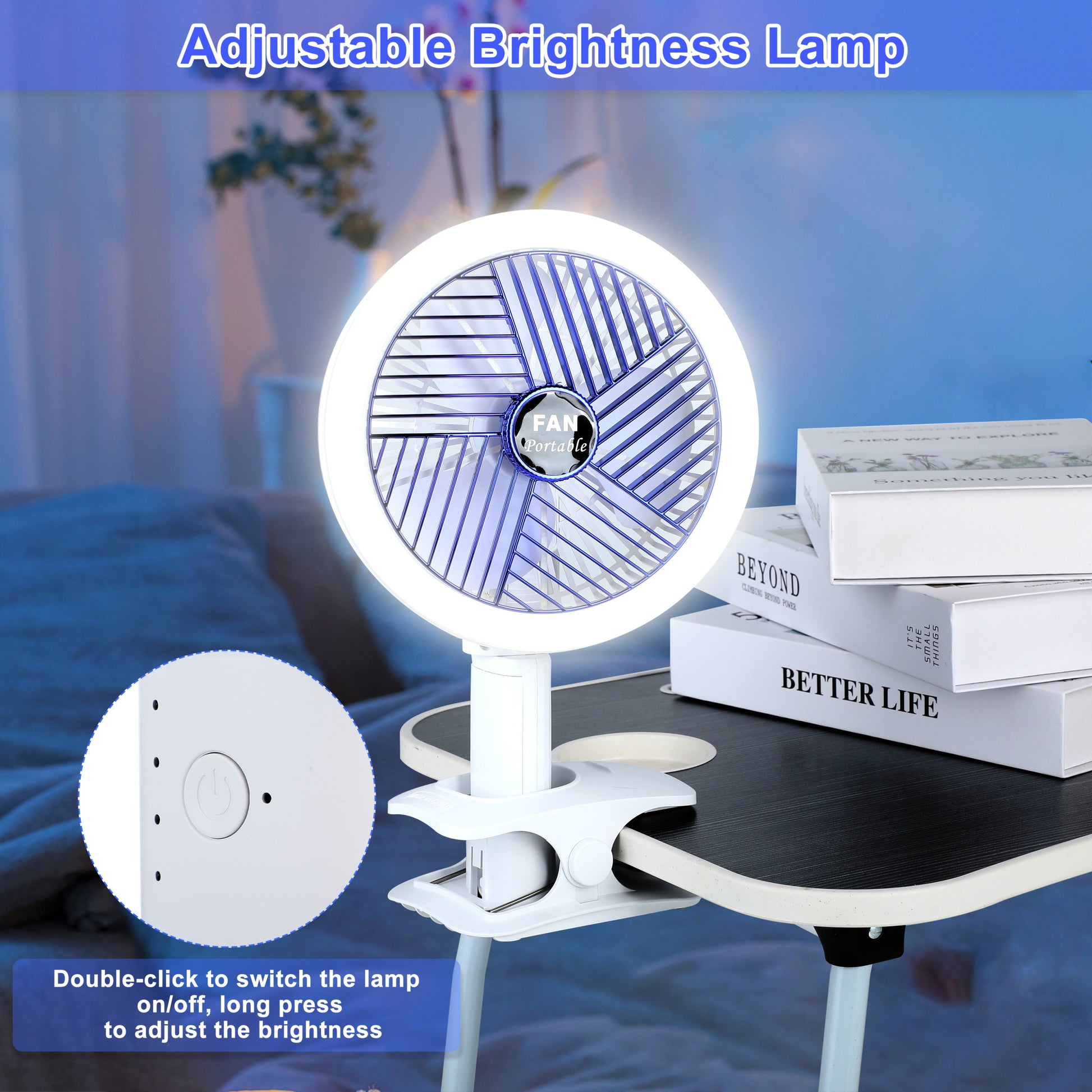 Clip on Fan with LED Lamp, Rechargeable Desk Fan, 4 white-plastic