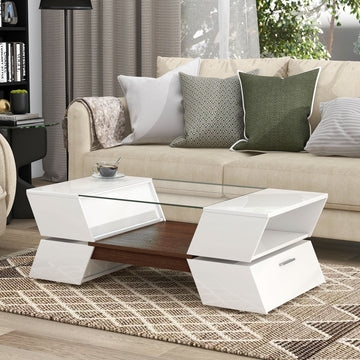 ON TREND 6mm Glass Top Coffee Table with Open Shelves white-particle board