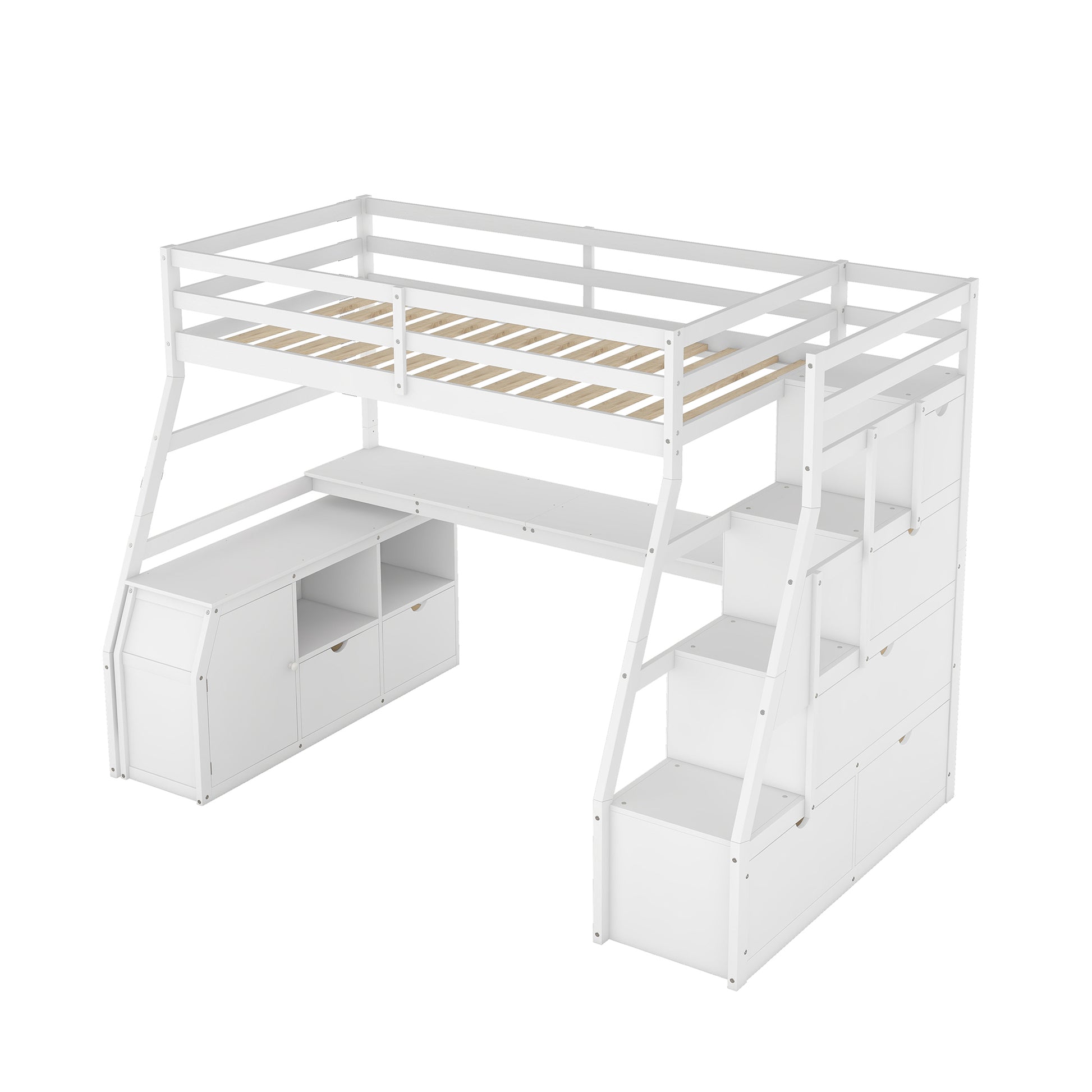 Twin Size Loft Bed with 7 Drawers 2 Shelves and Desk white-plywood