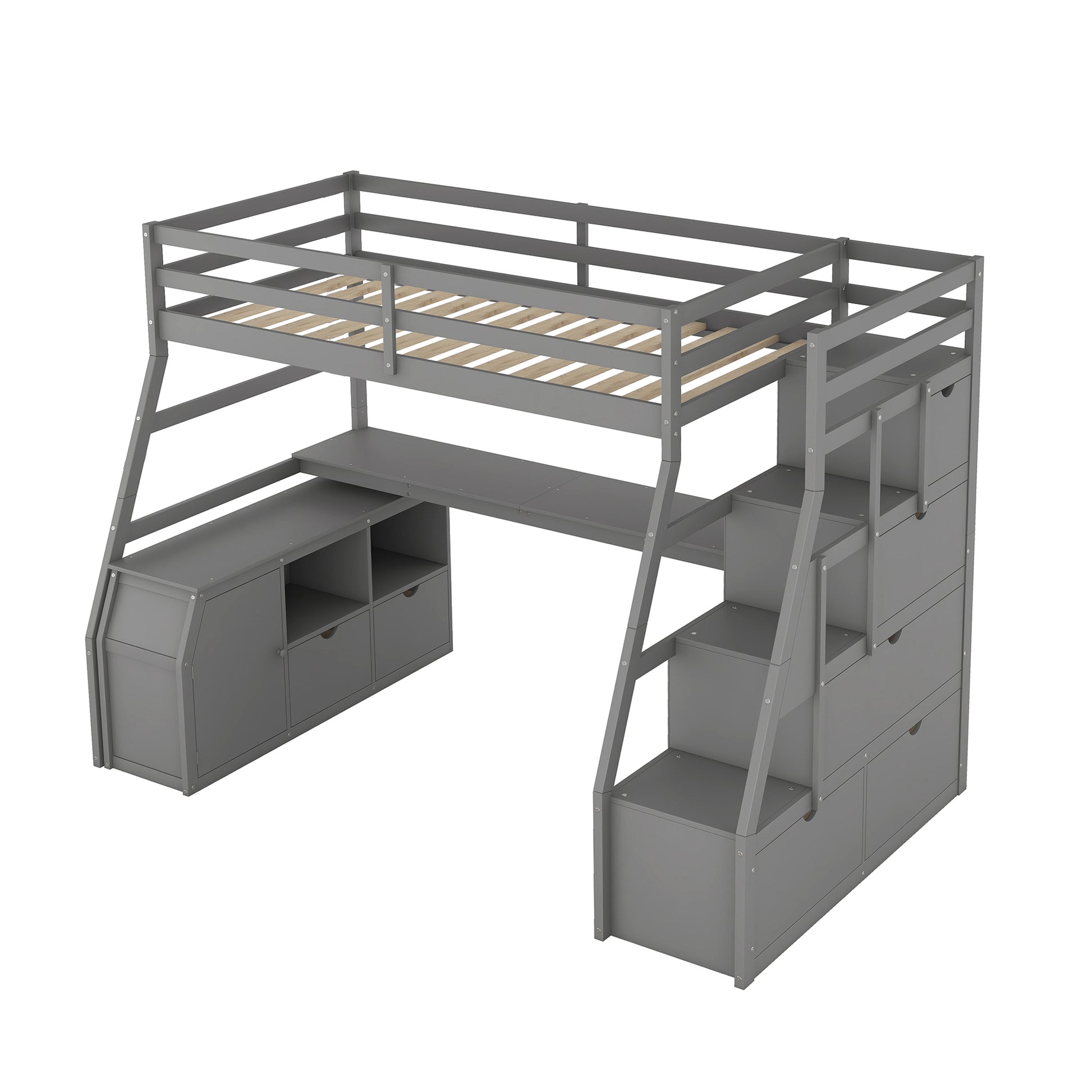 Twin Size Loft Bed with 7 Drawers 2 Shelves and Desk gray-plywood