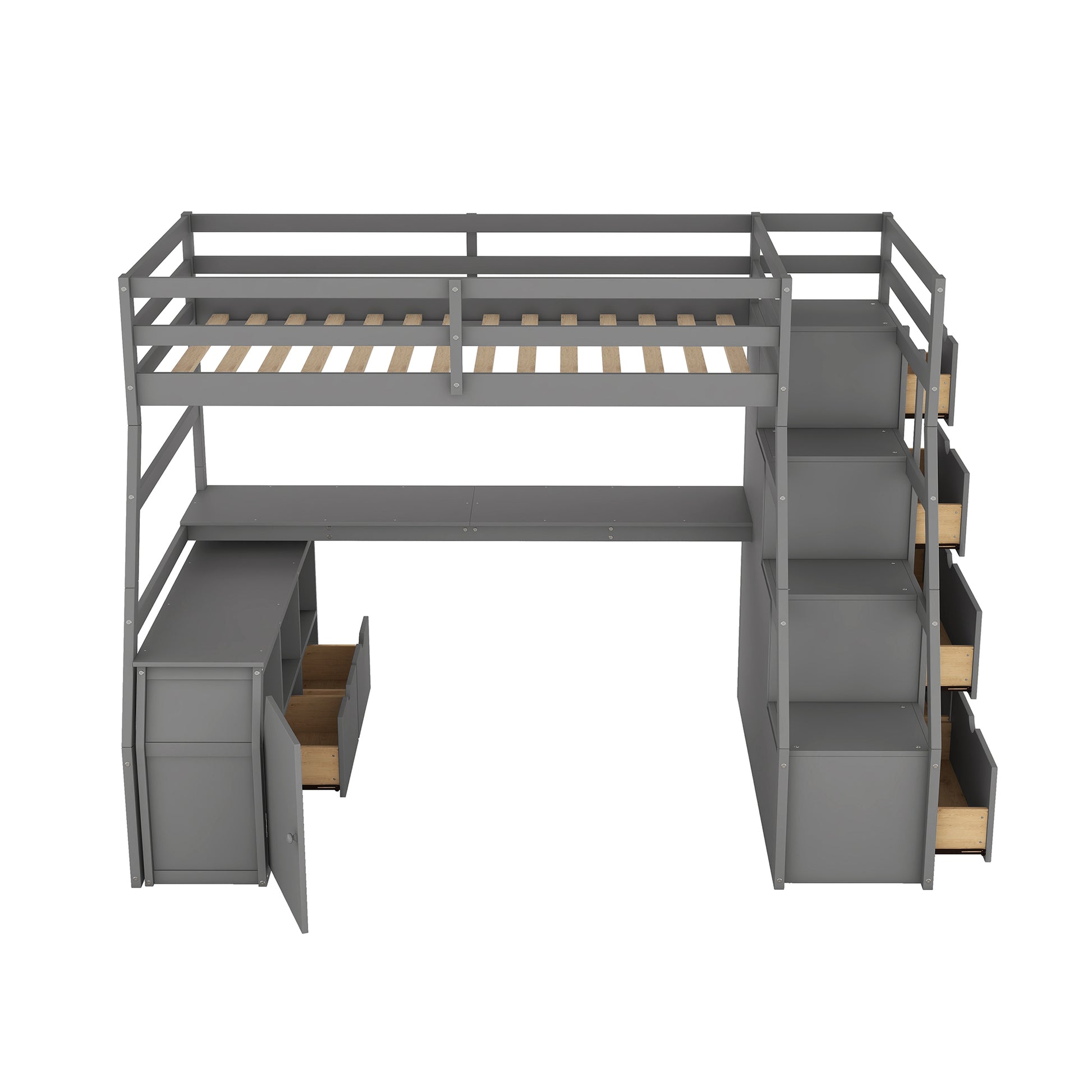 Twin Size Loft Bed with 7 Drawers 2 Shelves and Desk gray-plywood