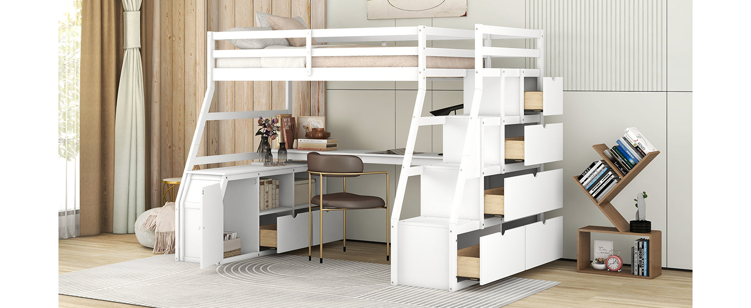 Twin Size Loft Bed with 7 Drawers 2 Shelves and Desk white-plywood