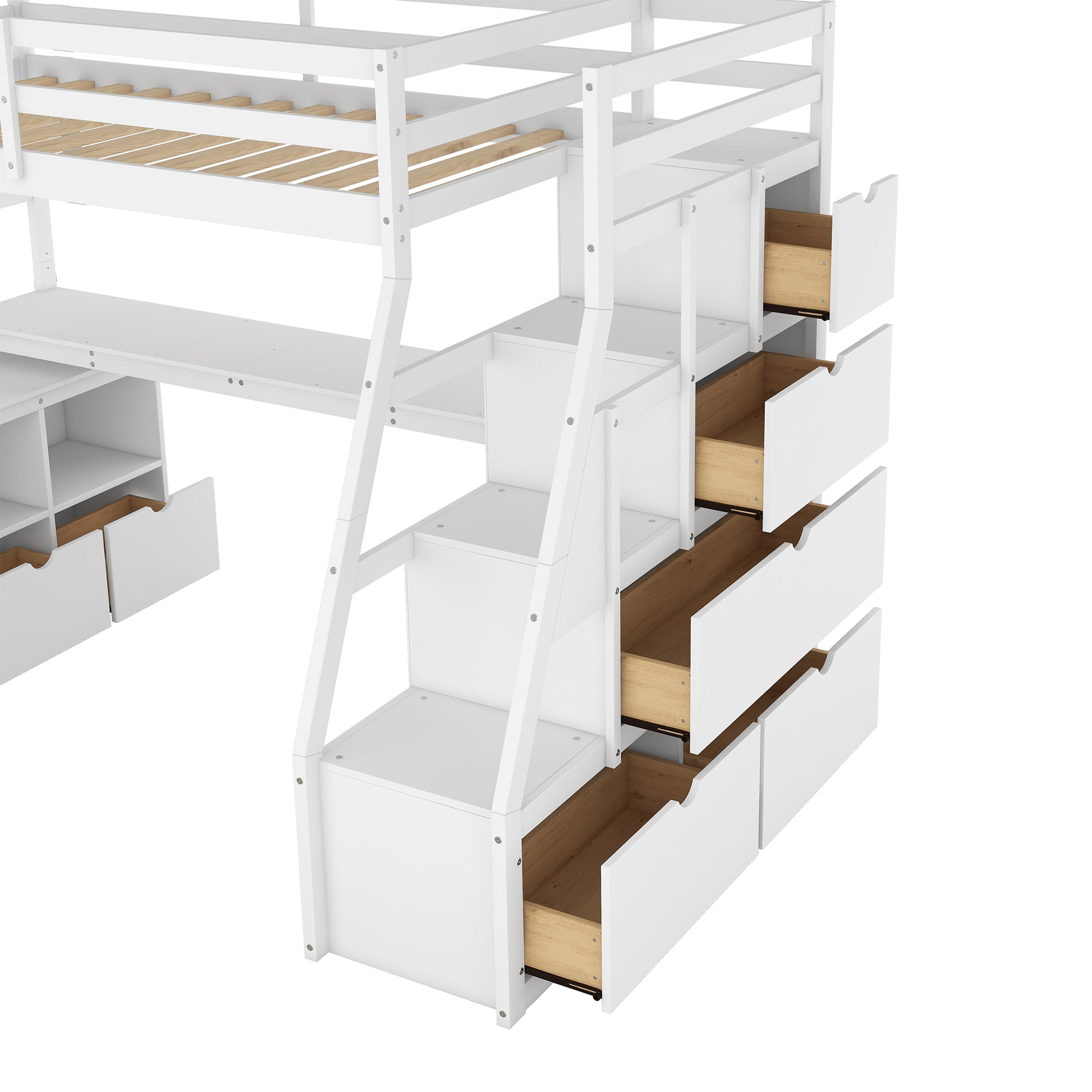 Twin Size Loft Bed with 7 Drawers 2 Shelves and Desk white-plywood