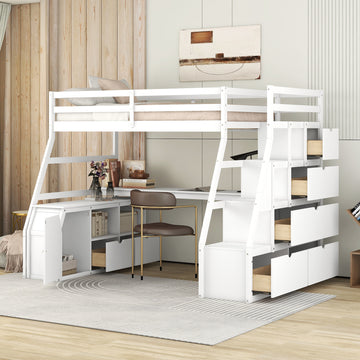 Twin Size Loft Bed with 7 Drawers 2 Shelves and Desk white-plywood