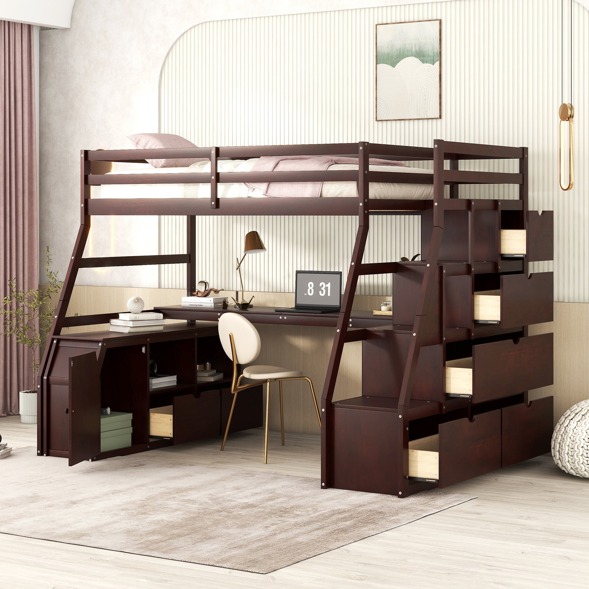 Twin Size Loft Bed with 7 Drawers 2 Shelves and Desk espresso-plywood